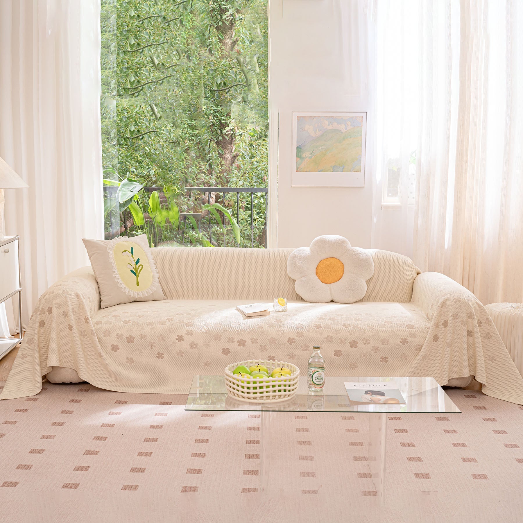 Cooling Ice Silk Sofa Cover Blanket, Floral Soft Silky Breathable Couch Throw Cover