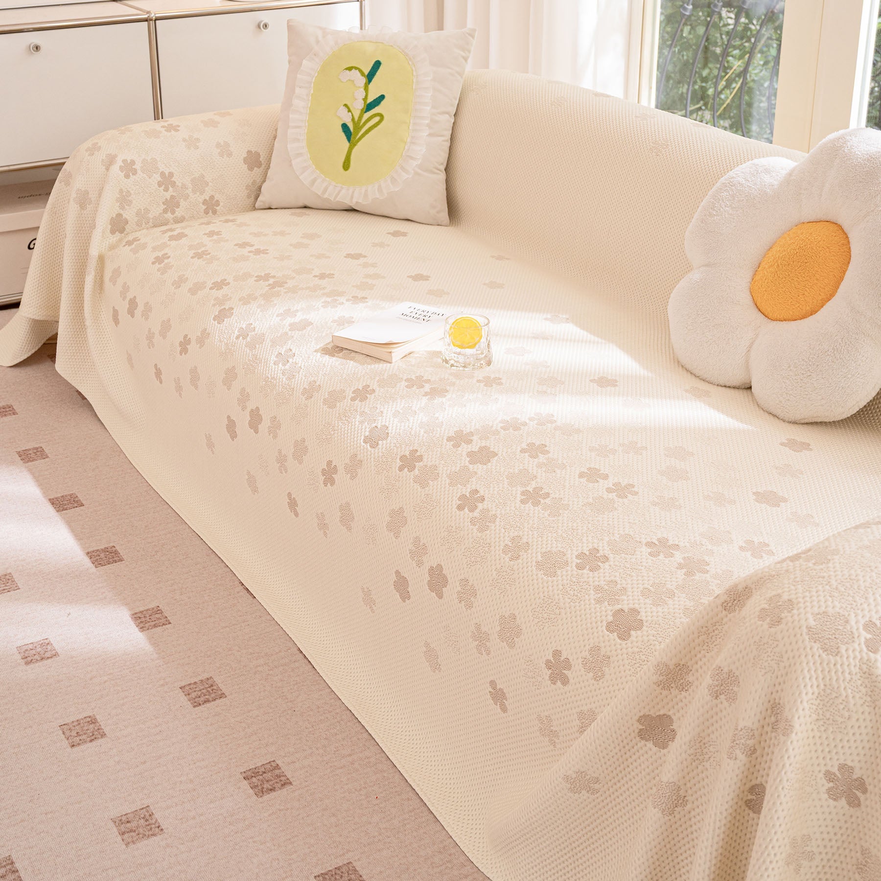 Cooling Ice Silk Sofa Cover Blanket, Floral Soft Silky Breathable Couch Throw Cover