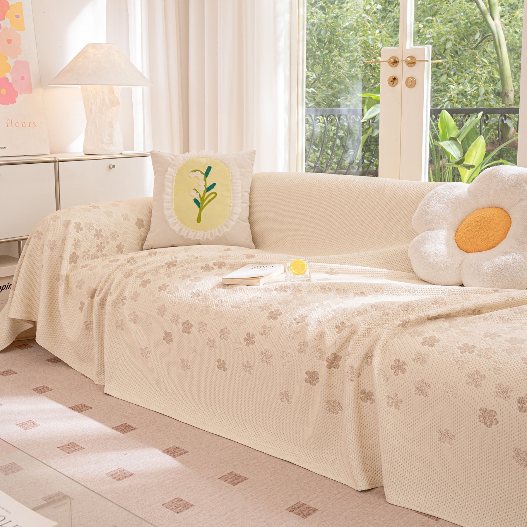 Cooling Ice Silk Sofa Cover Blanket, Floral Soft Silky Breathable Couch Throw Cover