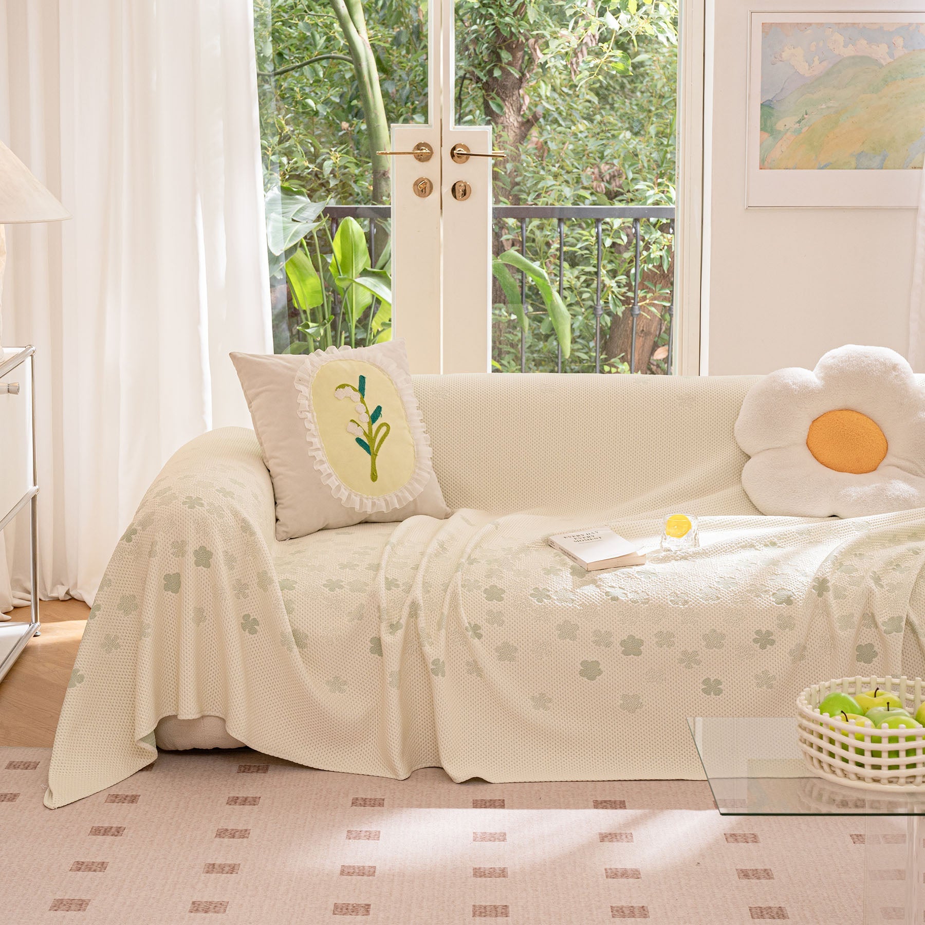 Cooling Ice Silk Sofa Cover Blanket, Floral Soft Silky Breathable Couch Throw Cover
