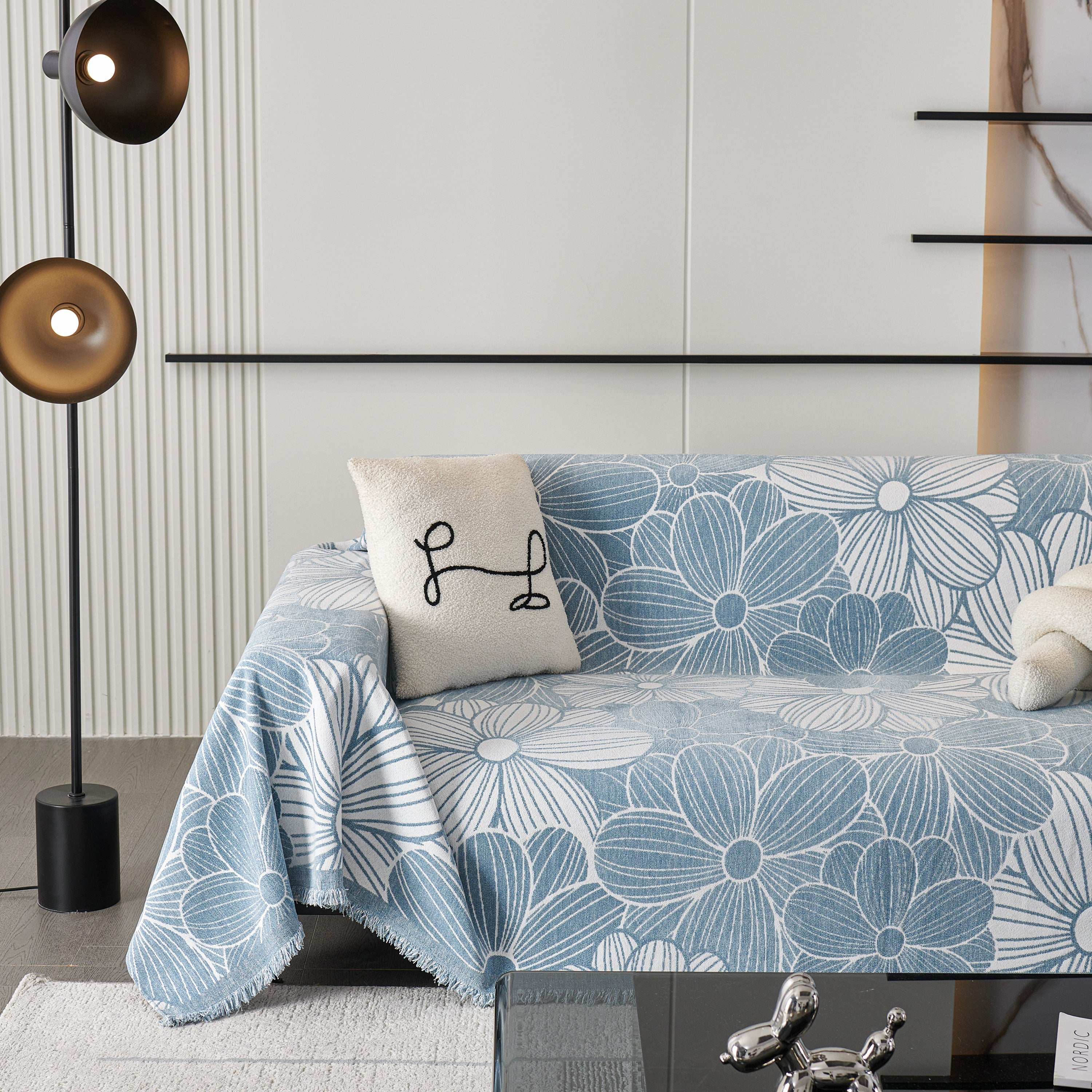 Chenille Jacquard Sofa Throw Cover with Tassels, All-Season Furniture Protector for Home and Office