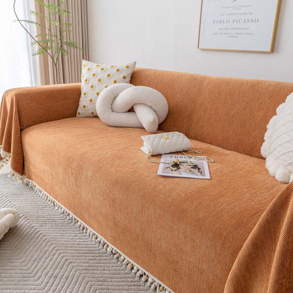 Boho Herringbone Sofa Throw Blanket with Pom Pom Tassels Stylish Furniture Slipcover