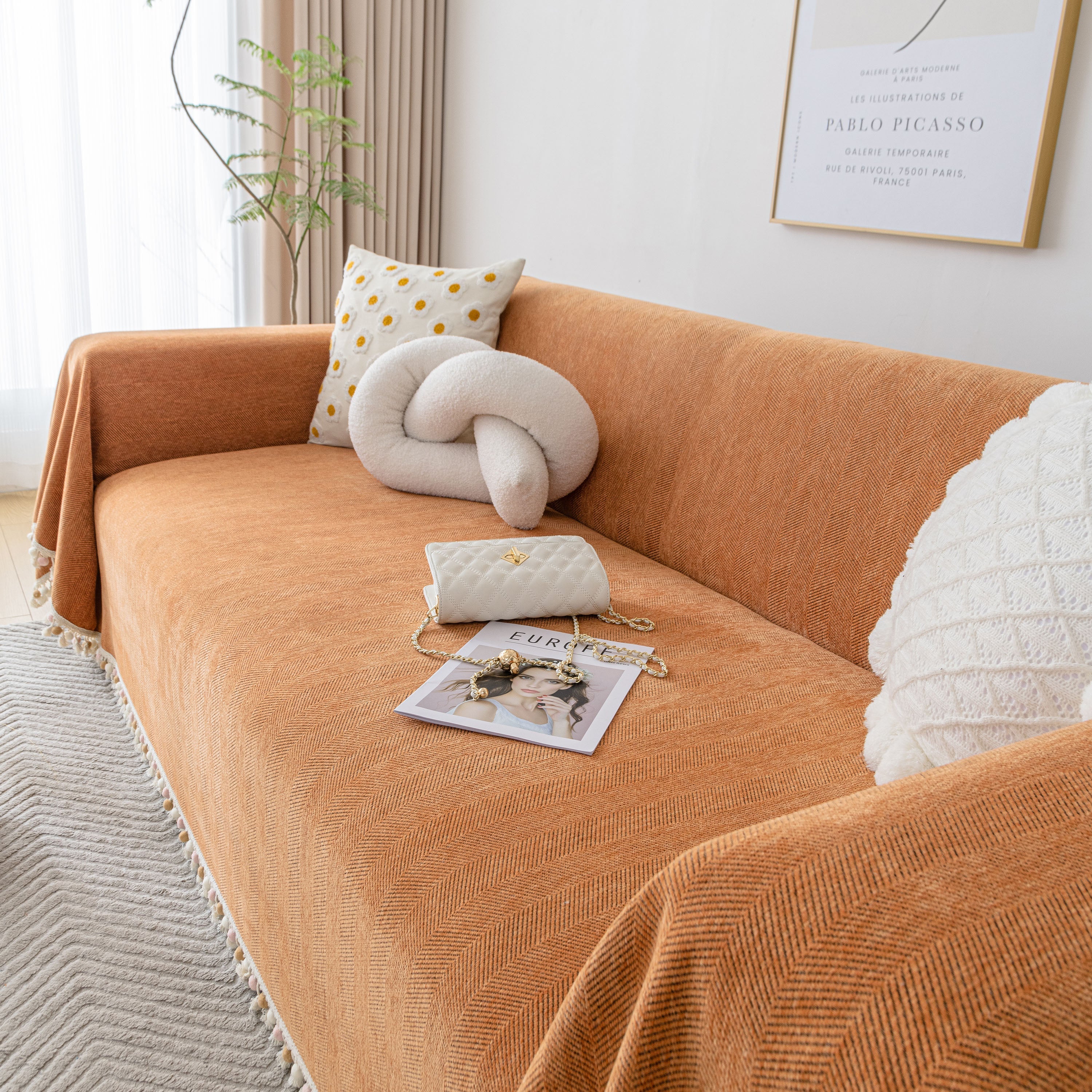 Boho Herringbone Sofa Throw Blanket with Pom Pom Tassels Stylish Furniture Slipcover