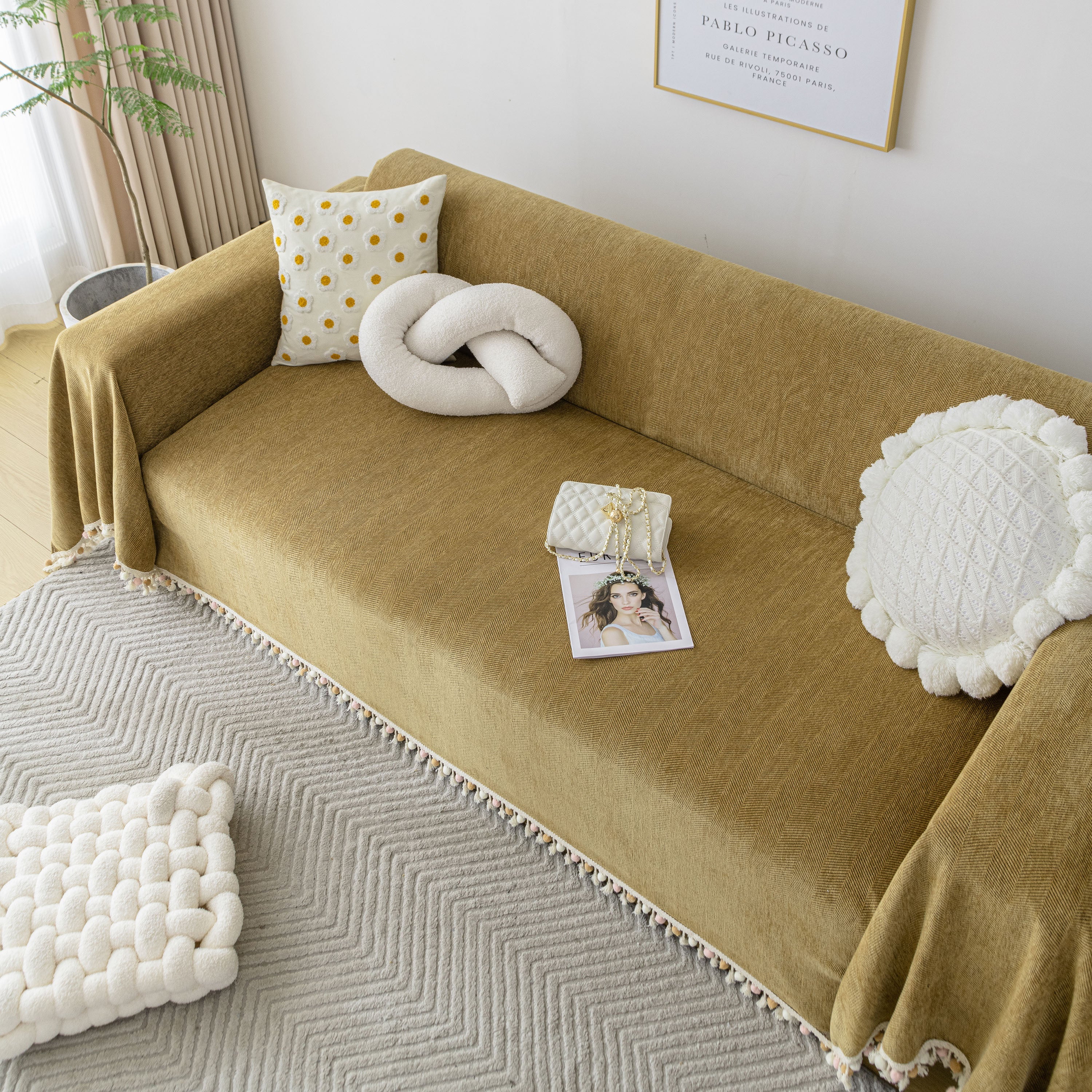 Boho Herringbone Sofa Throw Blanket with Pom Pom Tassels Stylish Furniture Slipcover