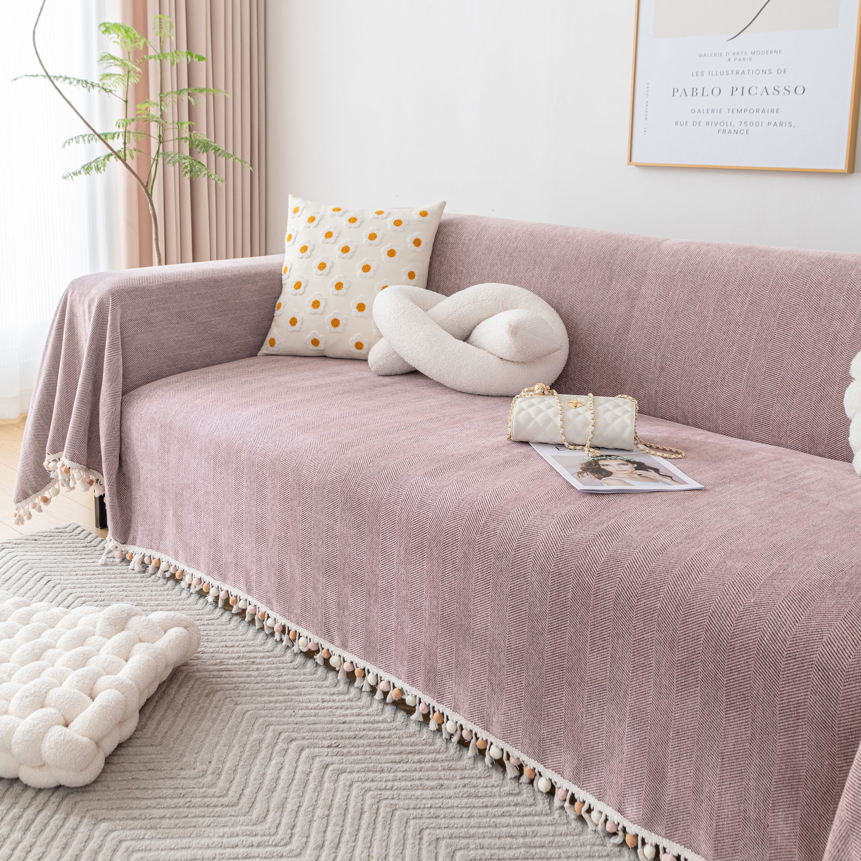 Boho Herringbone Sofa Throw Blanket with Pom Pom Tassels Stylish Furniture Slipcover