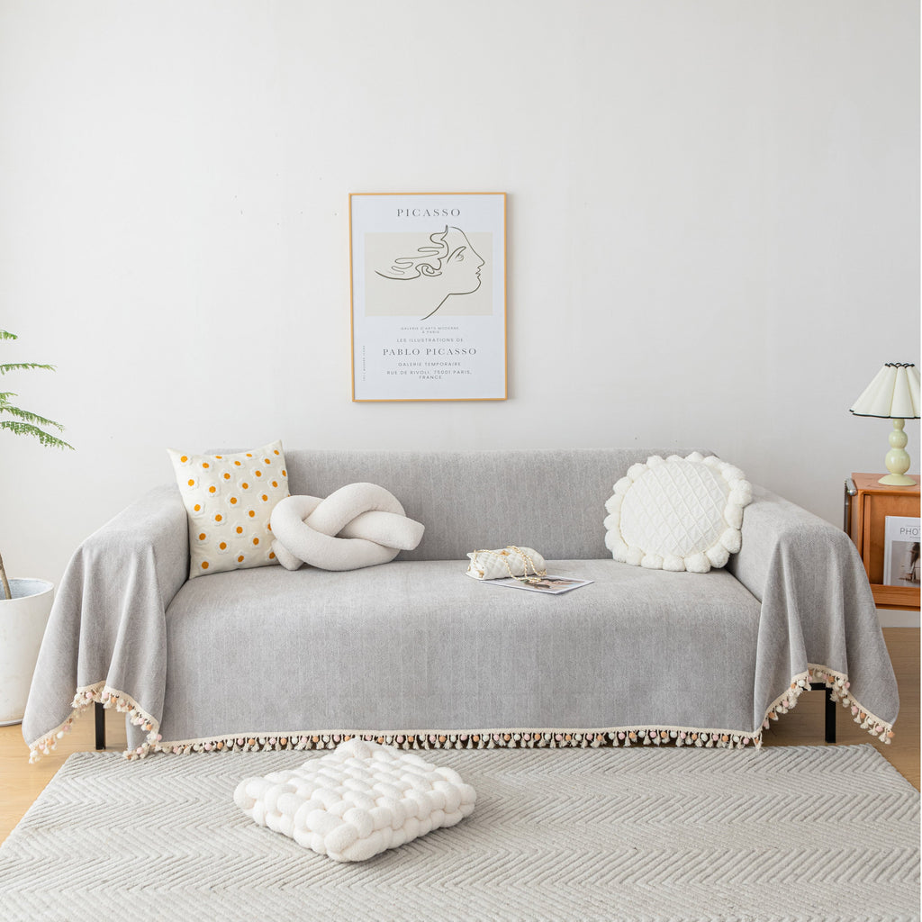 Boho Herringbone Sofa Throw Blanket with Pom Pom Tassels Stylish Furniture Slipcover