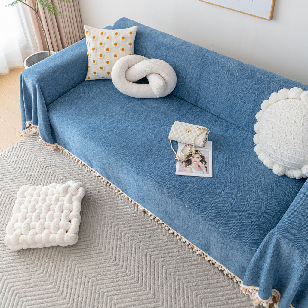 Boho Herringbone Sofa Throw Blanket with Pom Pom Tassels Stylish Furniture Slipcover