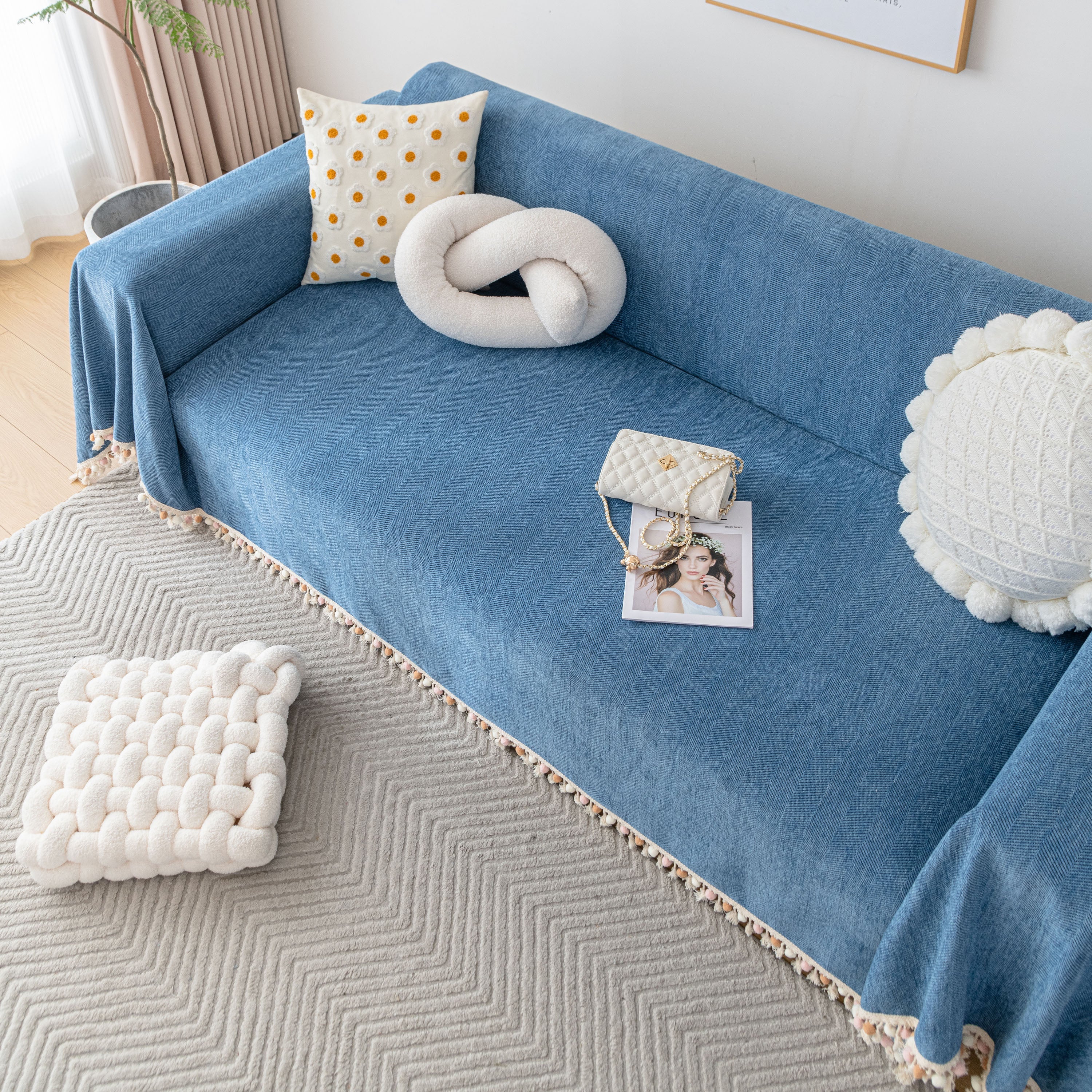 Boho Herringbone Sofa Throw Blanket with Pom Pom Tassels Stylish Furniture Slipcover