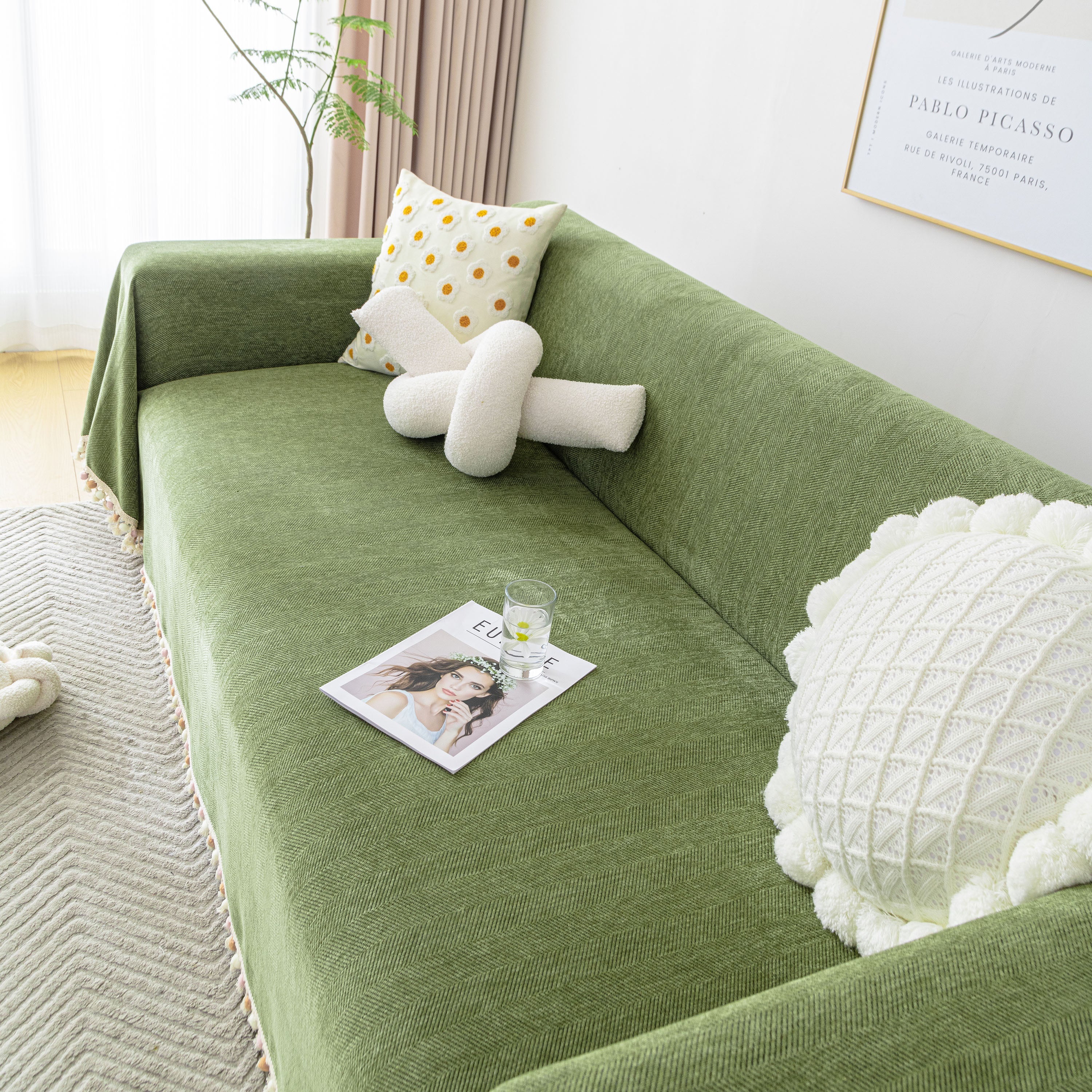 Boho Herringbone Sofa Throw Blanket with Pom Pom Tassels Stylish Furniture Slipcover