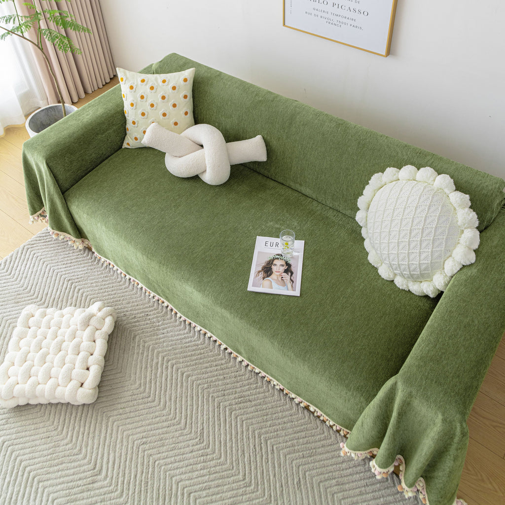 Boho Herringbone Sofa Throw Blanket with Pom Pom Tassels Stylish Furniture Slipcover
