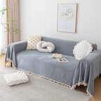 Boho Herringbone Sofa Throw Blanket with Pom Pom Tassels Stylish Furniture Slipcover