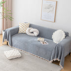 Boho Herringbone Sofa Throw Blanket with Pom Pom Tassels Stylish Furniture Slipcover