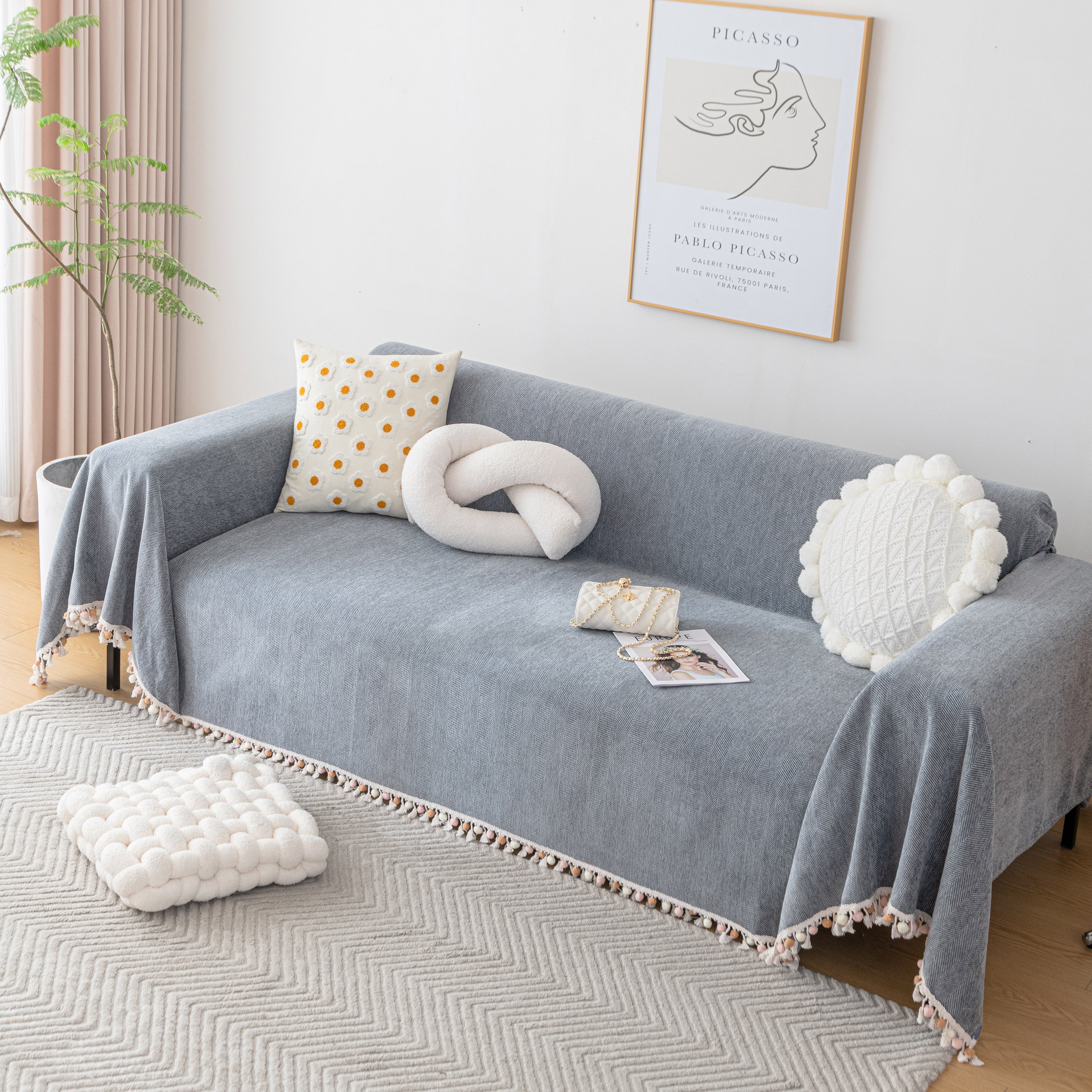 Boho Herringbone Sofa Throw Blanket with Pom Pom Tassels Stylish Furniture Slipcover