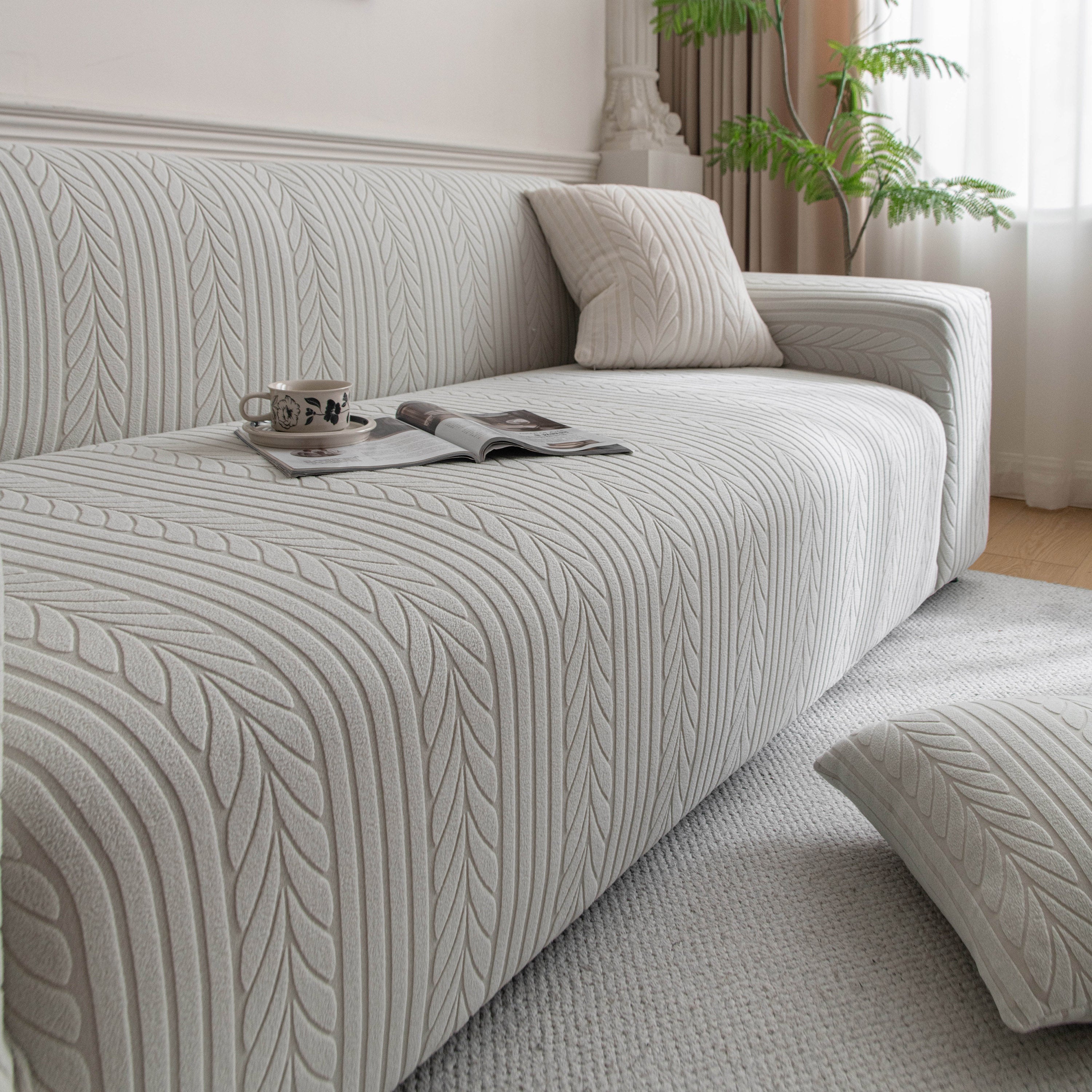 Plush Fleece Sofa Slipcover with 3D Wheat Pattern, Cozy High-Stretch Couch Cover