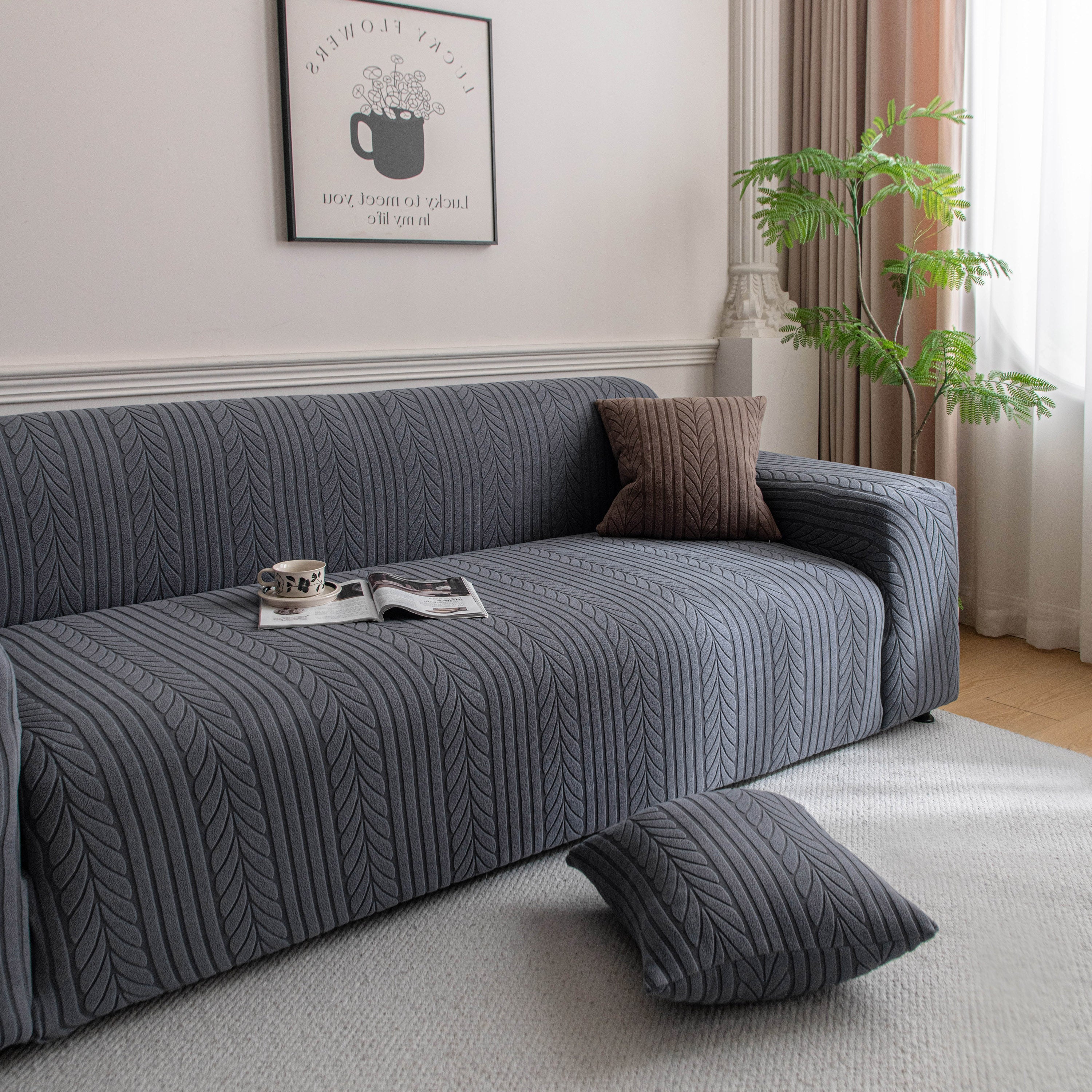 Plush Fleece Sofa Slipcover with 3D Wheat Pattern, Cozy High-Stretch Couch Cover