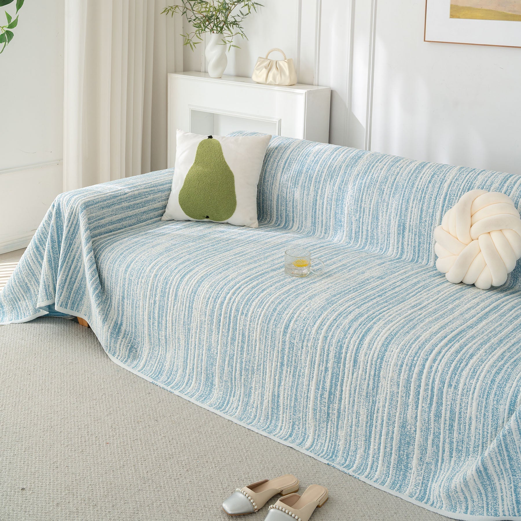 Summer Cooling Ice Silk Sofa Cover, Textured Stripe Soft Breathable Couch Throw Cover