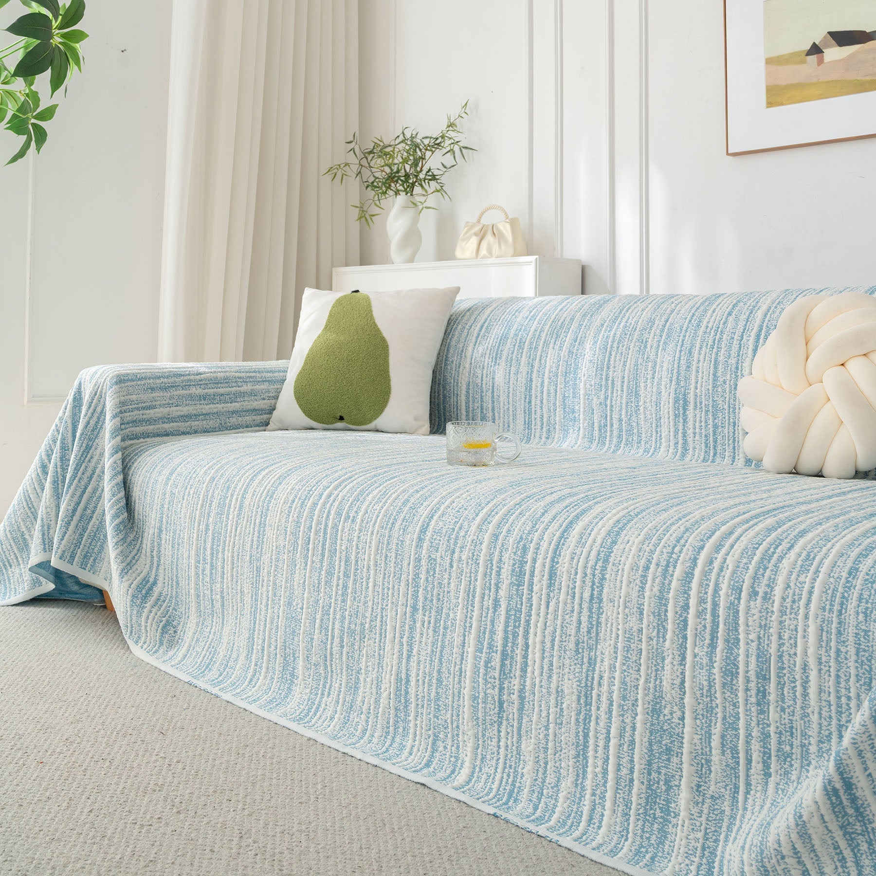 Summer Cooling Ice Silk Sofa Cover, Textured Stripe Soft Breathable Couch Throw Cover