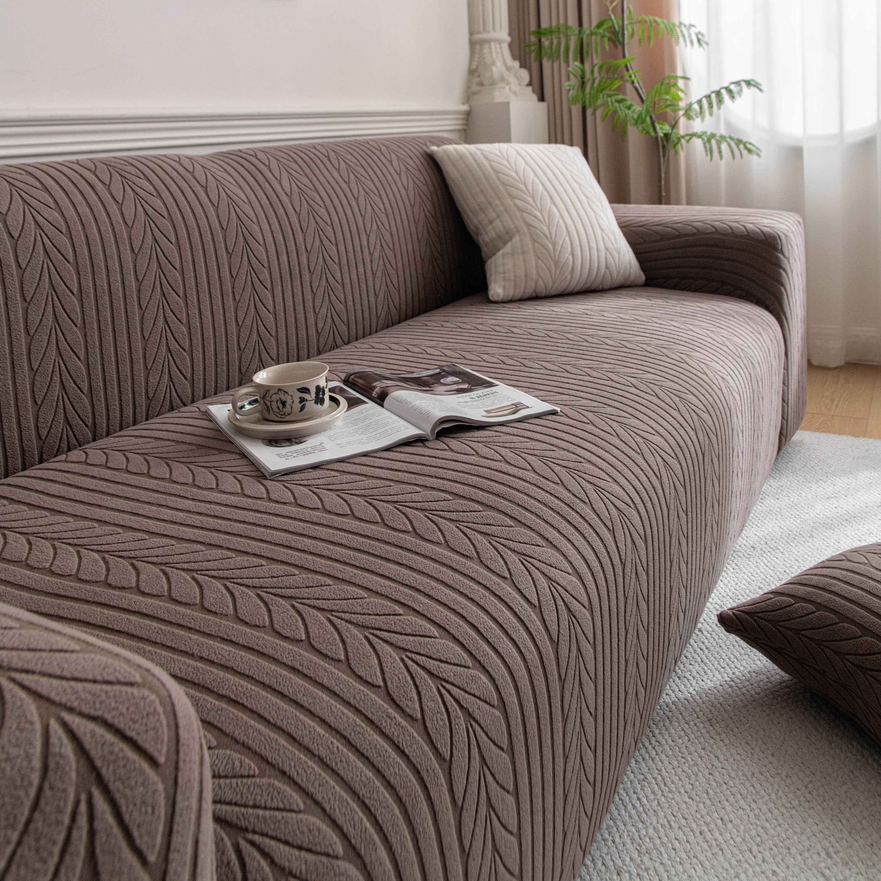 Plush Fleece Sofa Slipcover with 3D Wheat Pattern, Cozy High-Stretch Couch Cover