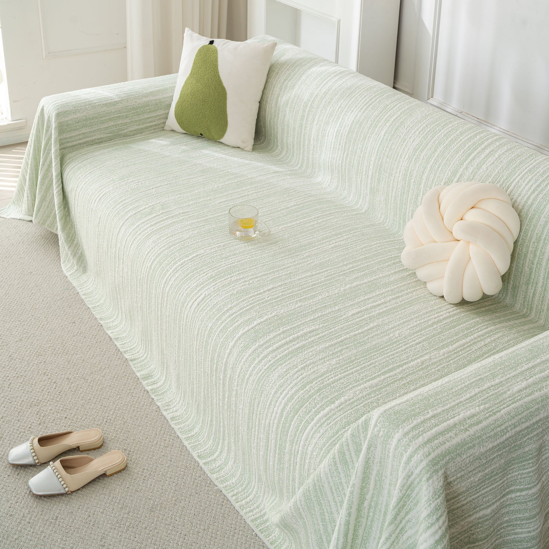 Summer Cooling Ice Silk Sofa Cover, Textured Stripe Soft Breathable Couch Throw Cover