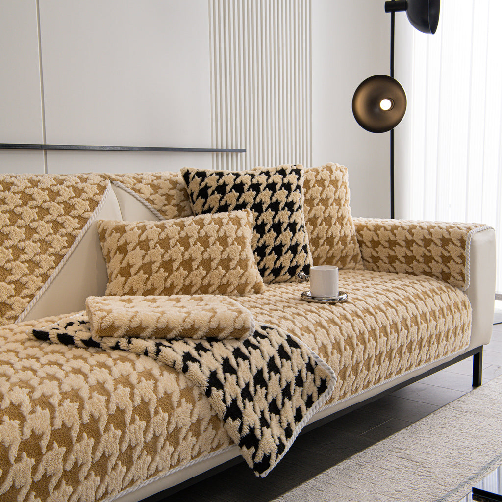 Winter Thickened Sherpa Fleece Houndstooth Sofa Cushion, Non-slip Sofa Cover with Plush