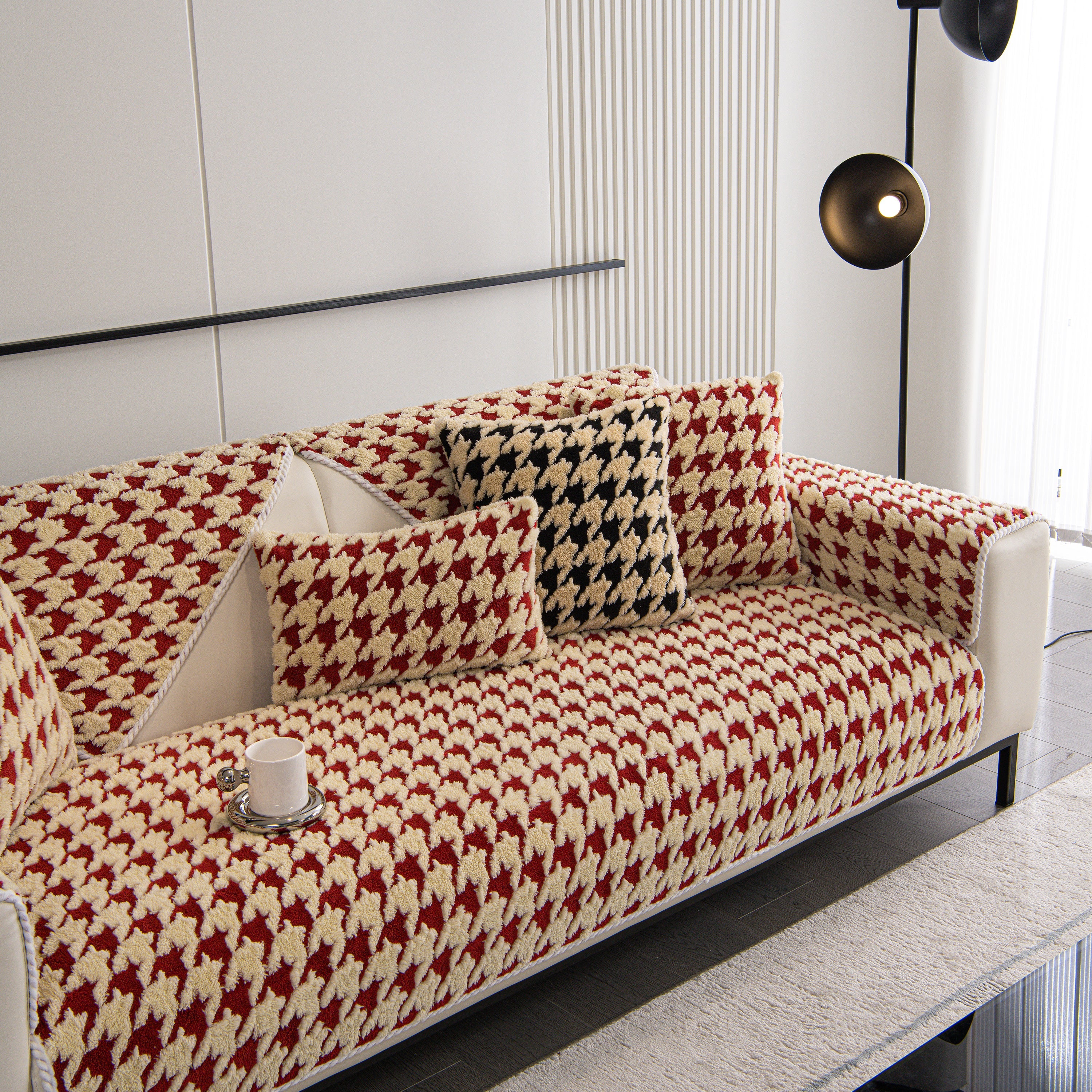Winter Thickened Sherpa Fleece Houndstooth Sofa Cushion, Non-slip Sofa Cover with Plush
