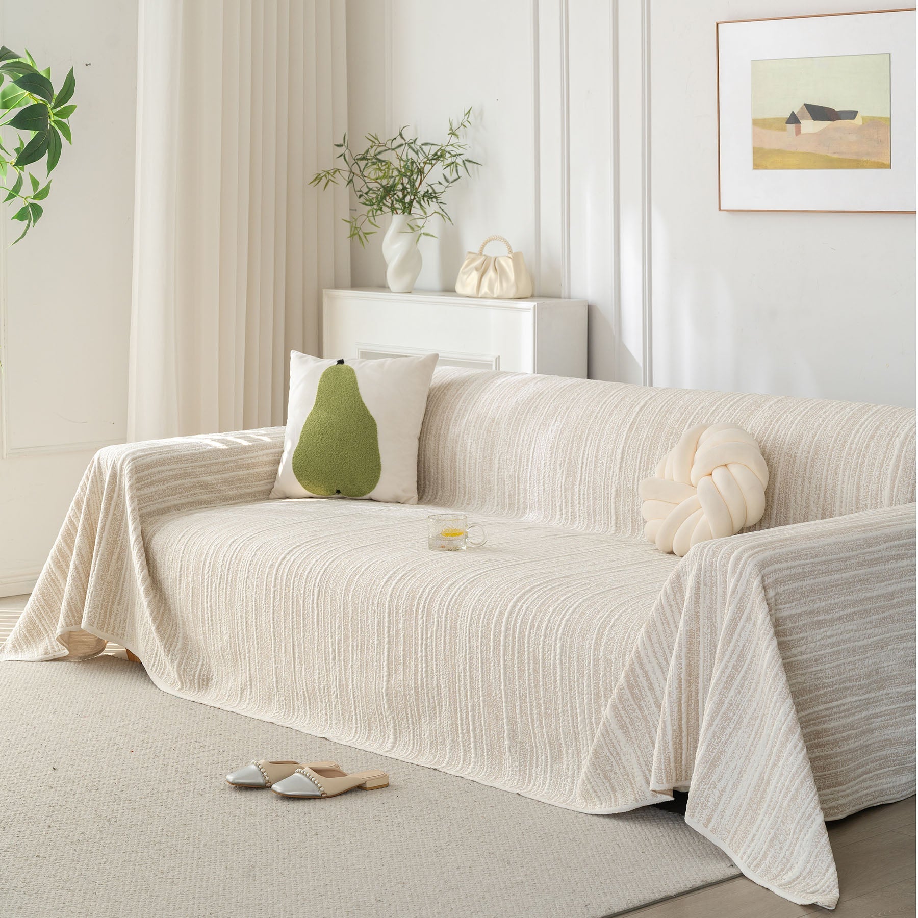 Summer Cooling Ice Silk Sofa Cover, Textured Stripe Soft Breathable Couch Throw Cover