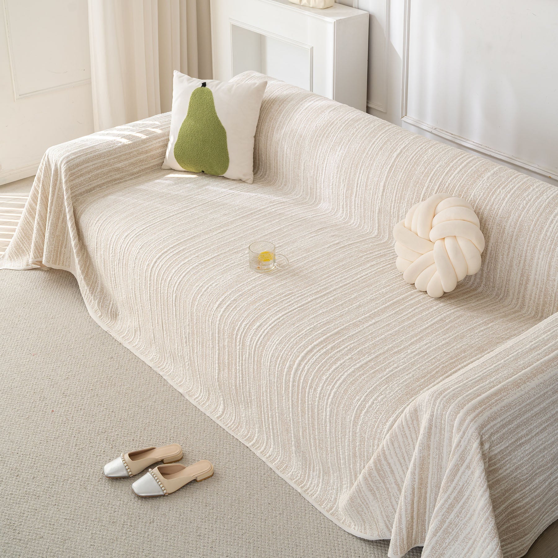 Summer Cooling Ice Silk Sofa Cover, Textured Stripe Soft Breathable Couch Throw Cover