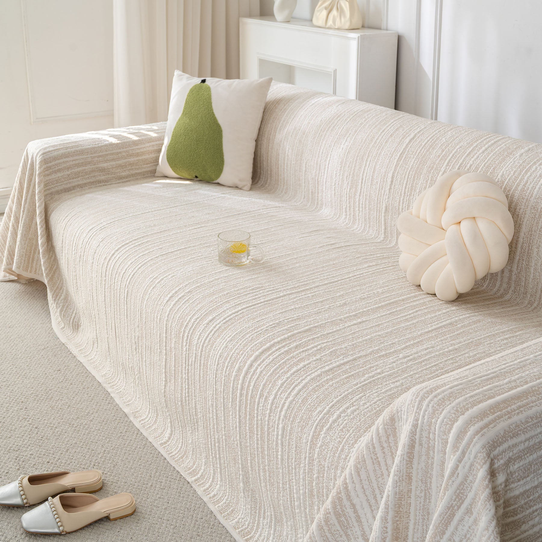 Summer Cooling Ice Silk Sofa Cover, Textured Stripe Soft Breathable Couch Throw Cover