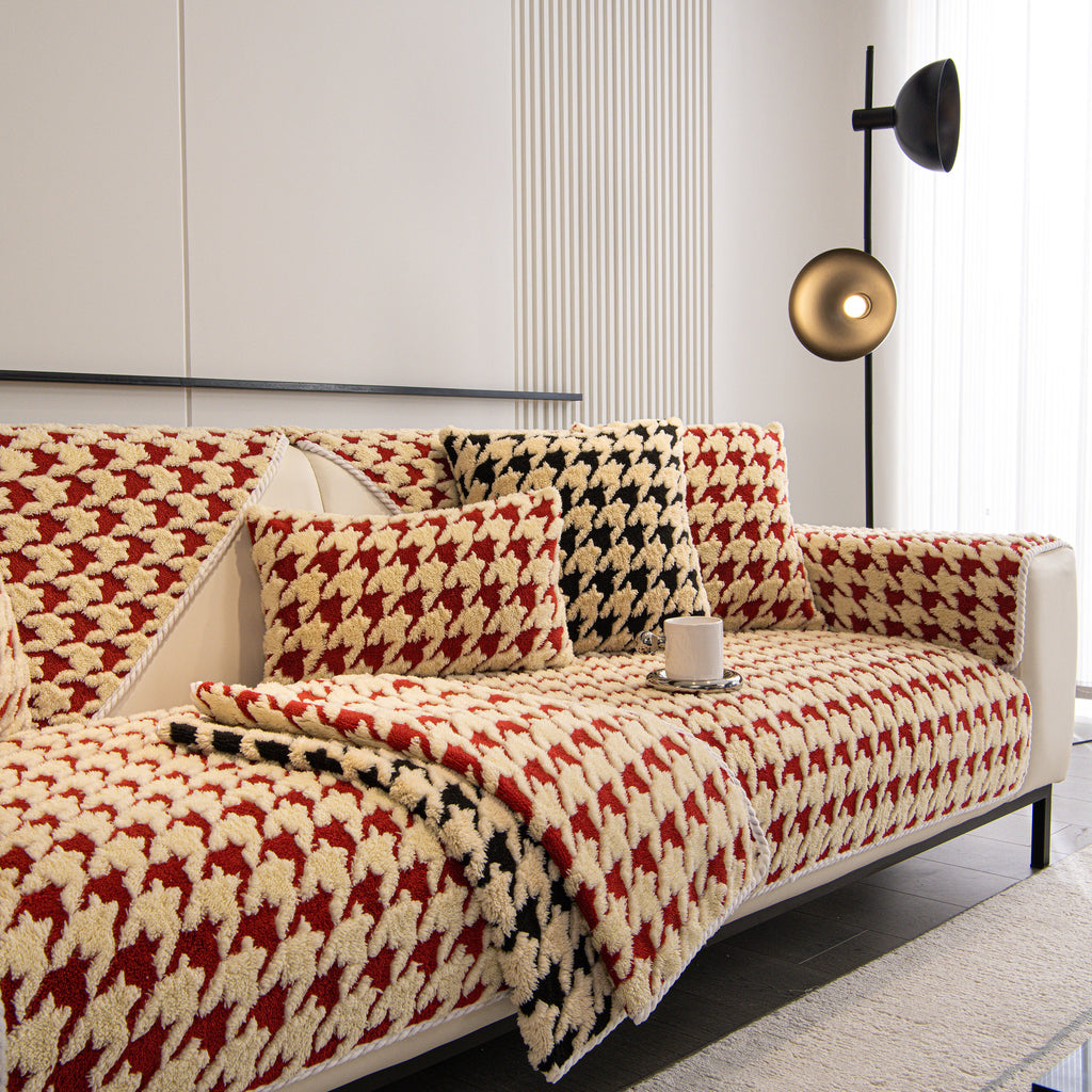 Winter Thickened Sherpa Fleece Houndstooth Sofa Cushion, Non-slip Sofa Cover with Plush