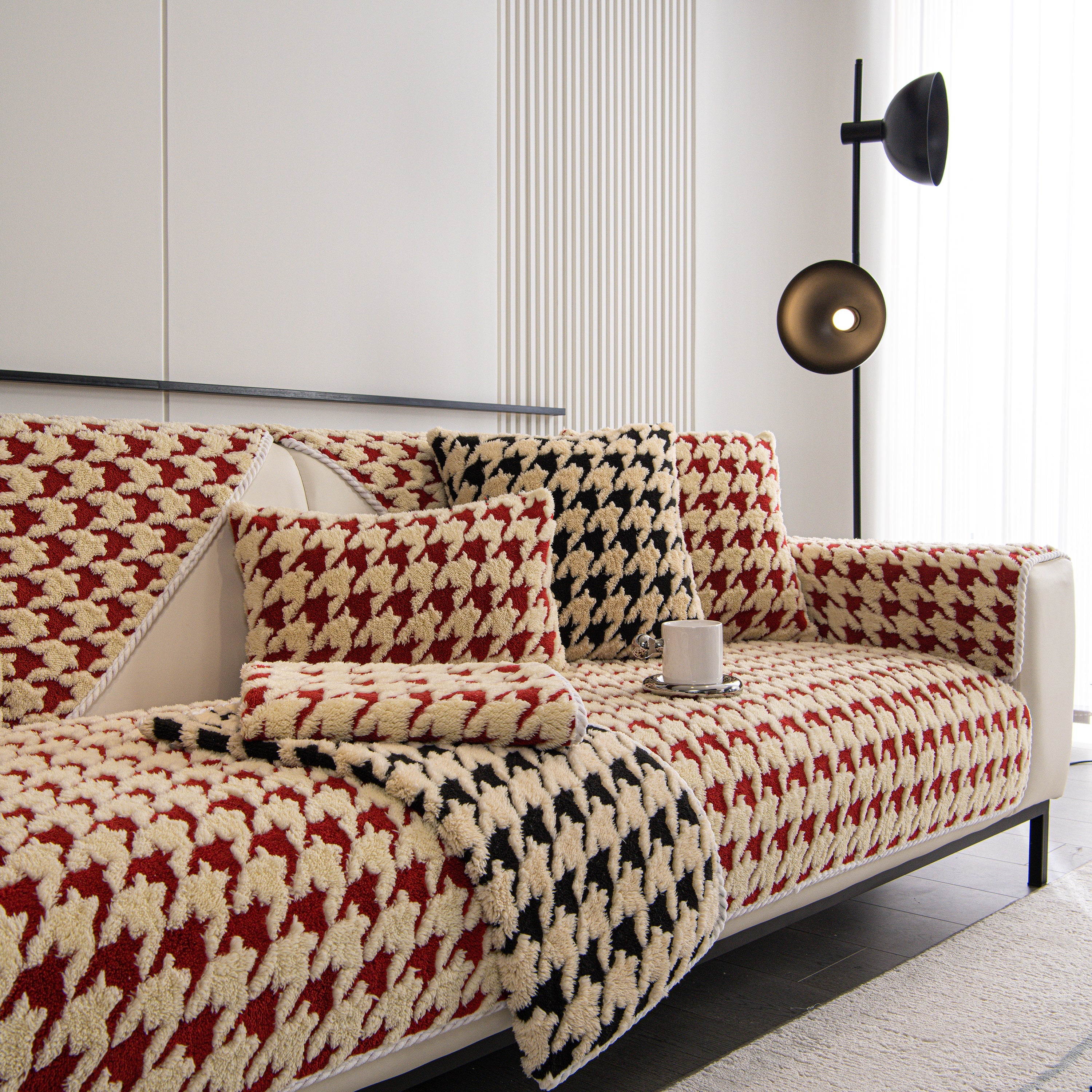 Winter Thickened Sherpa Fleece Houndstooth Sofa Cushion, Non-slip Sofa Cover with Plush