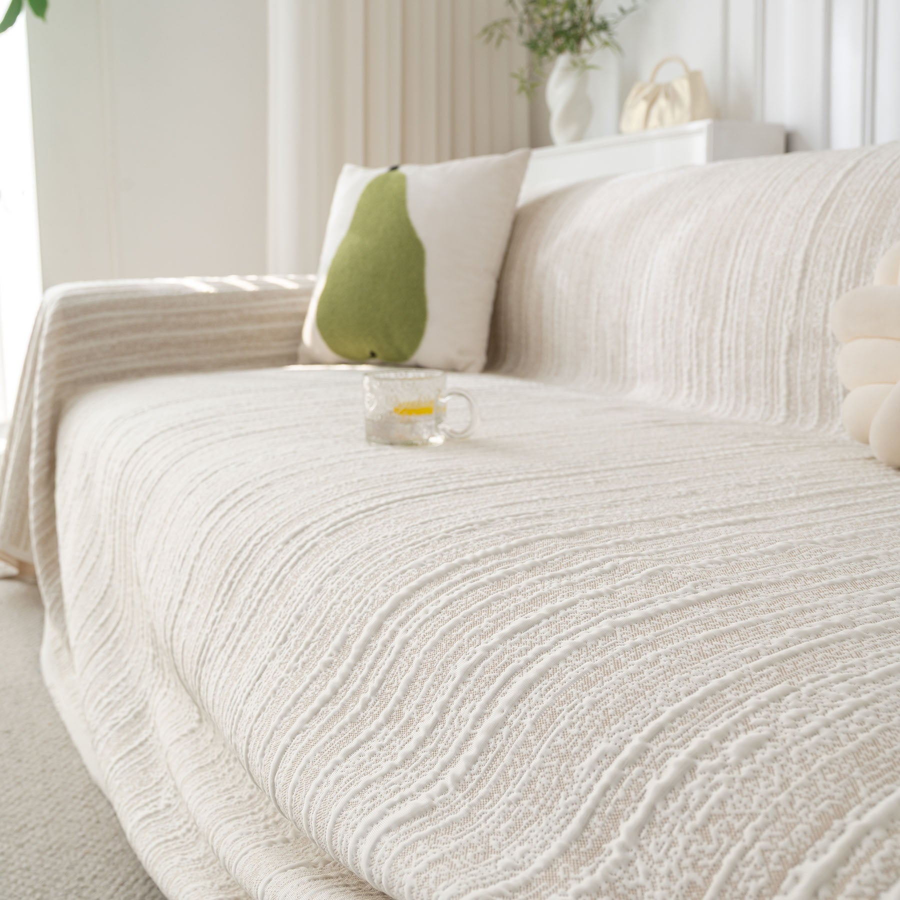 Summer Cooling Ice Silk Sofa Cover, Textured Stripe Soft Breathable Couch Throw Cover