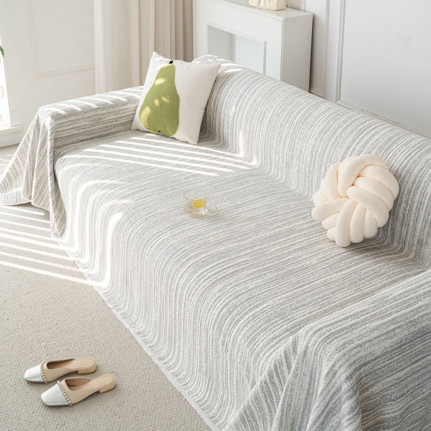 Summer Cooling Ice Silk Sofa Cover, Textured Stripe Soft Breathable Couch Throw Cover