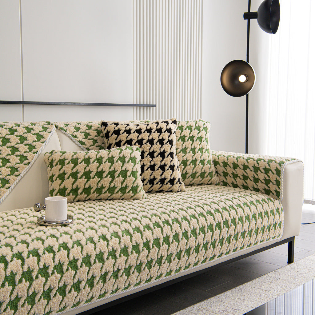 Winter Thickened Sherpa Fleece Houndstooth Sofa Cushion, Non-slip Sofa Cover with Plush