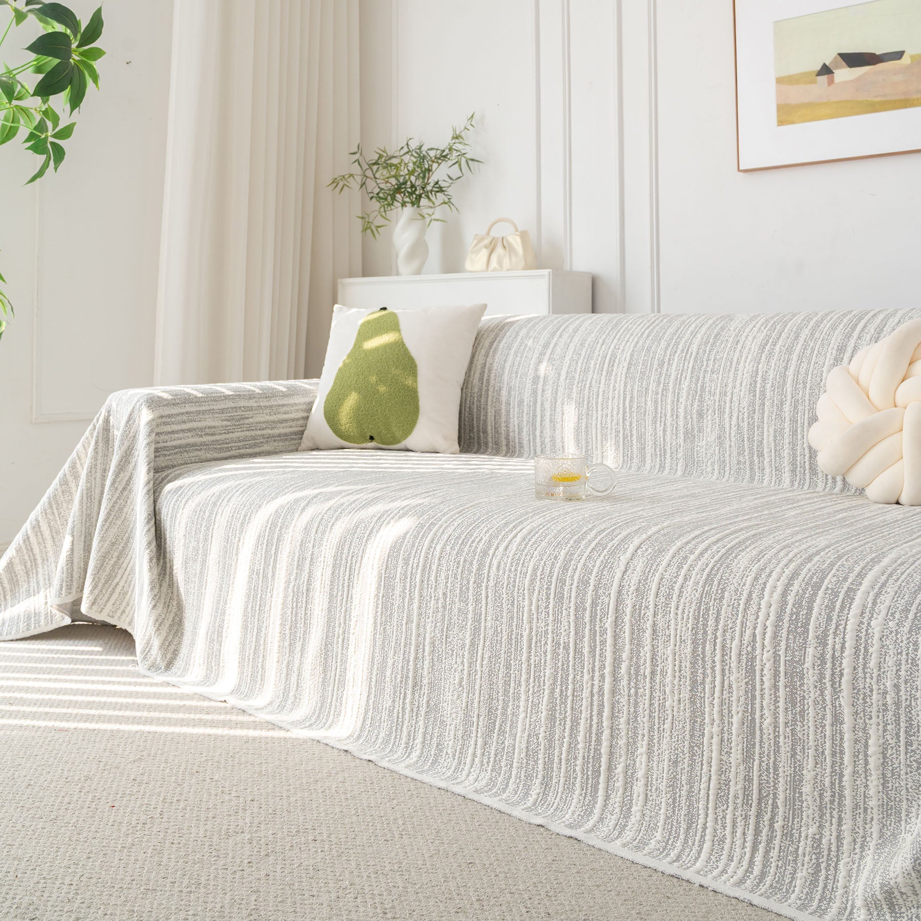 Summer Cooling Ice Silk Sofa Cover, Textured Stripe Soft Breathable Couch Throw Cover