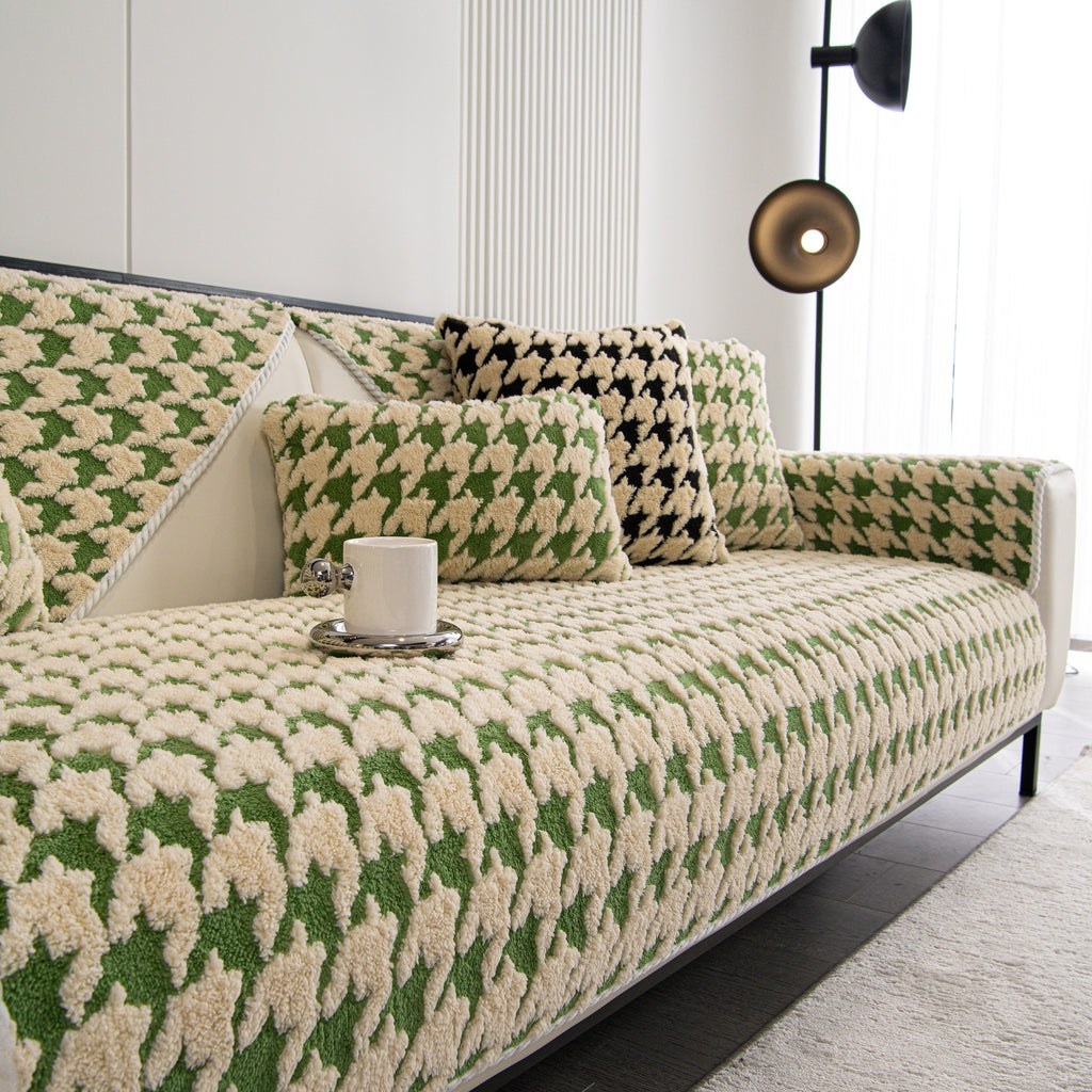 Winter Thickened Sherpa Fleece Houndstooth Sofa Cushion, Non-slip Sofa Cover with Plush