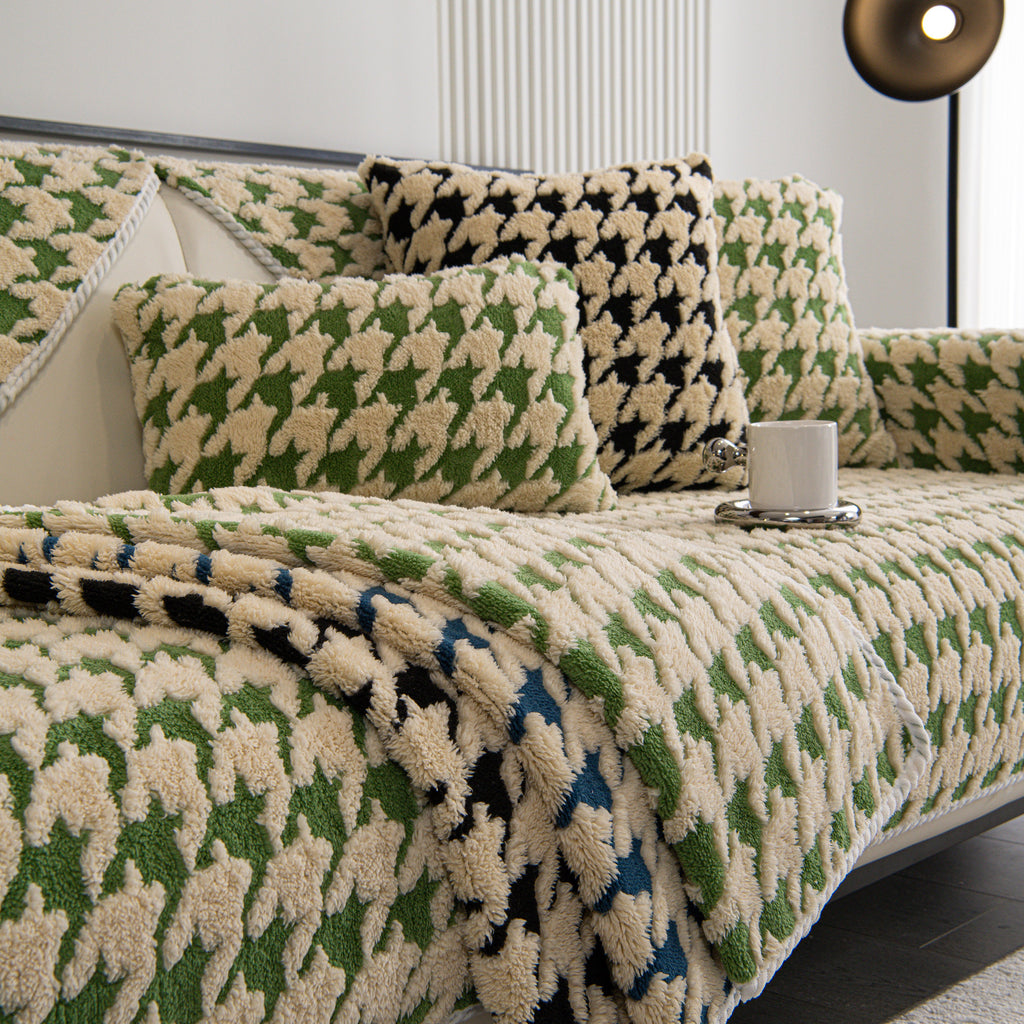 Winter Thickened Sherpa Fleece Houndstooth Sofa Cushion, Non-slip Sofa Cover with Plush