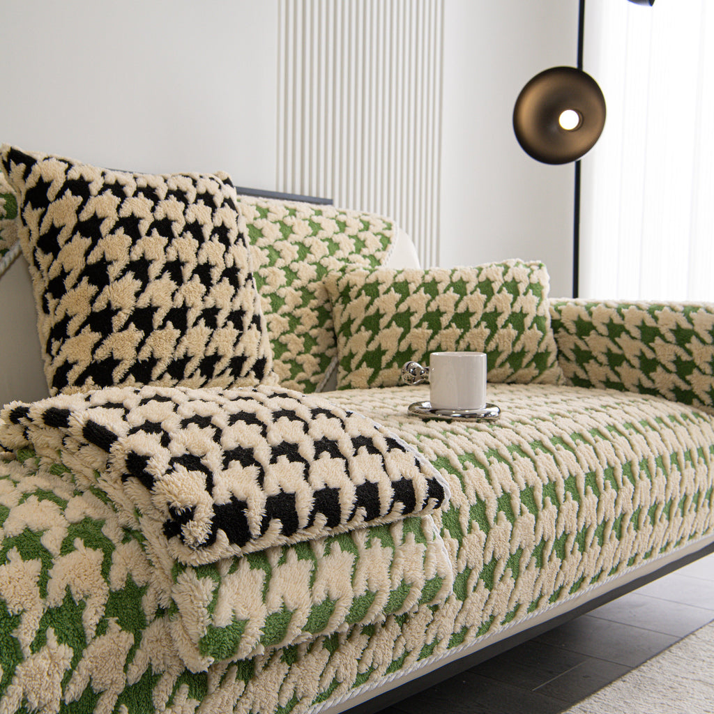 Winter Thickened Sherpa Fleece Houndstooth Sofa Cushion, Non-slip Sofa Cover with Plush