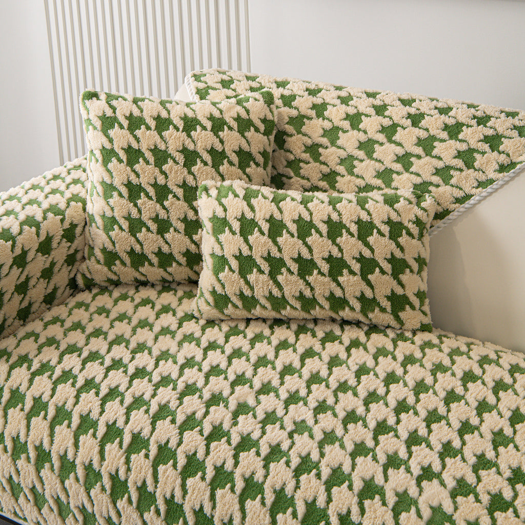 Winter Thickened Sherpa Fleece Houndstooth Sofa Cushion, Non-slip Sofa Cover with Plush