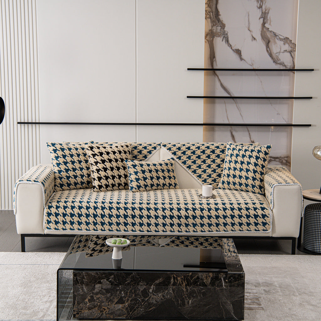 Winter Thickened Sherpa Fleece Houndstooth Sofa Cushion, Non-slip Sofa Cover with Plush