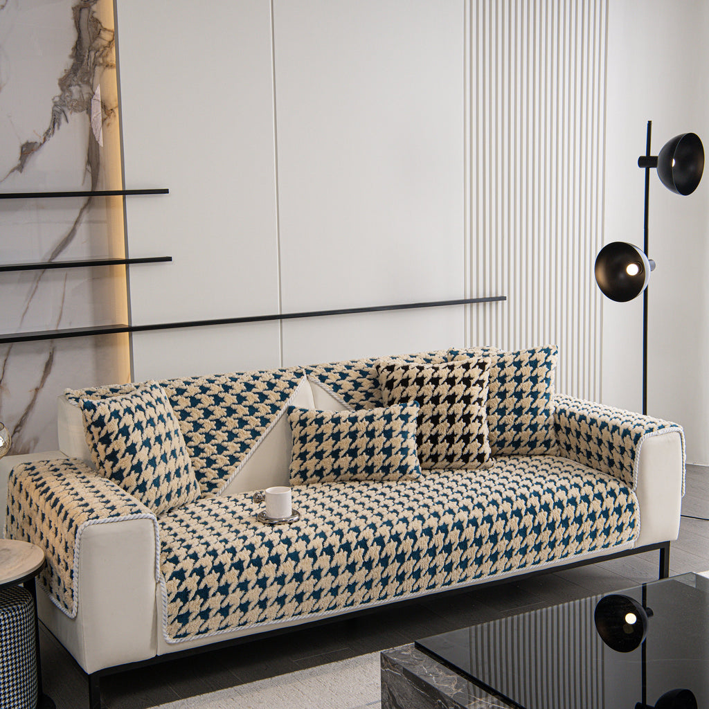 Winter Thickened Sherpa Fleece Houndstooth Sofa Cushion, Non-slip Sofa Cover with Plush