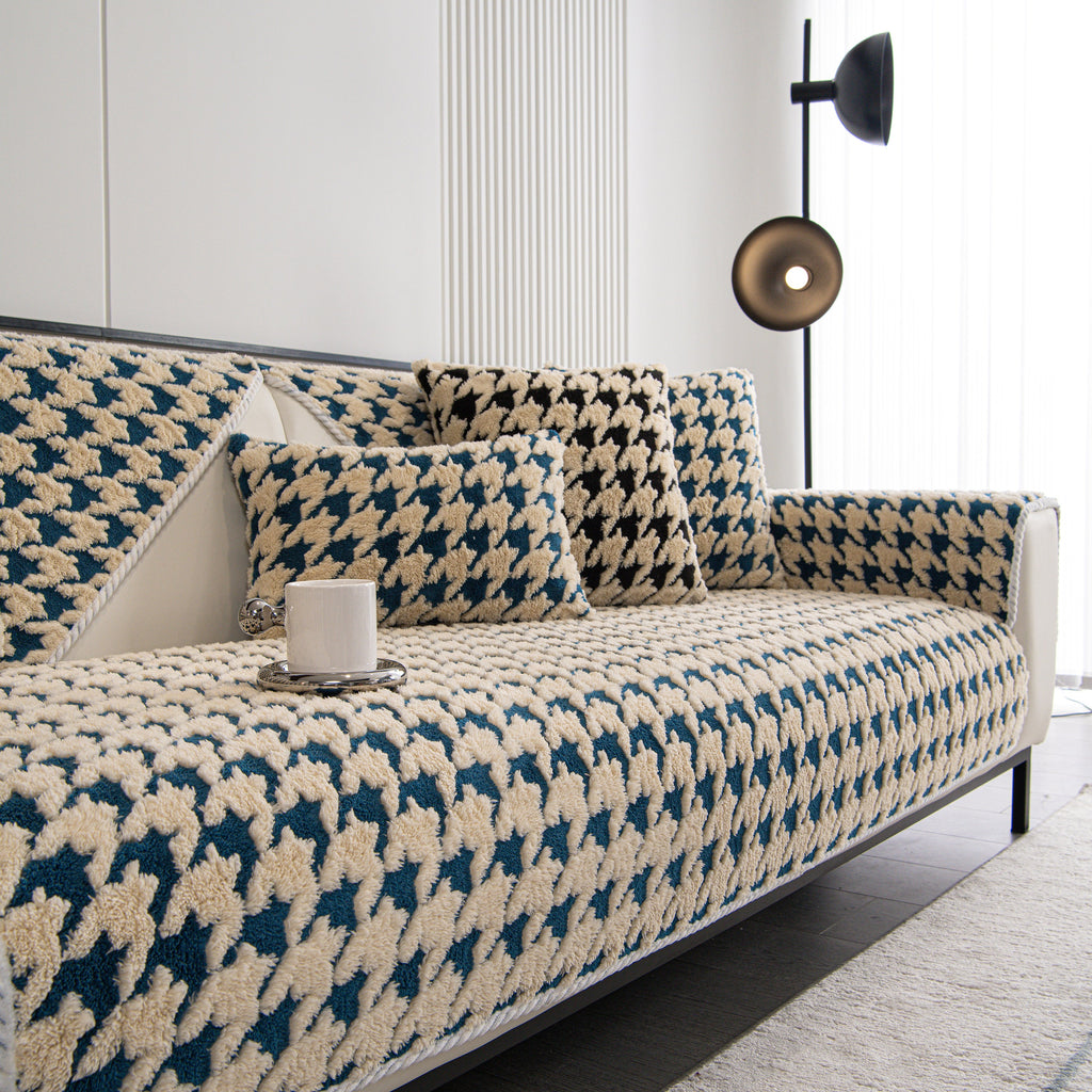 Winter Thickened Sherpa Fleece Houndstooth Sofa Cushion, Non-slip Sofa Cover with Plush
