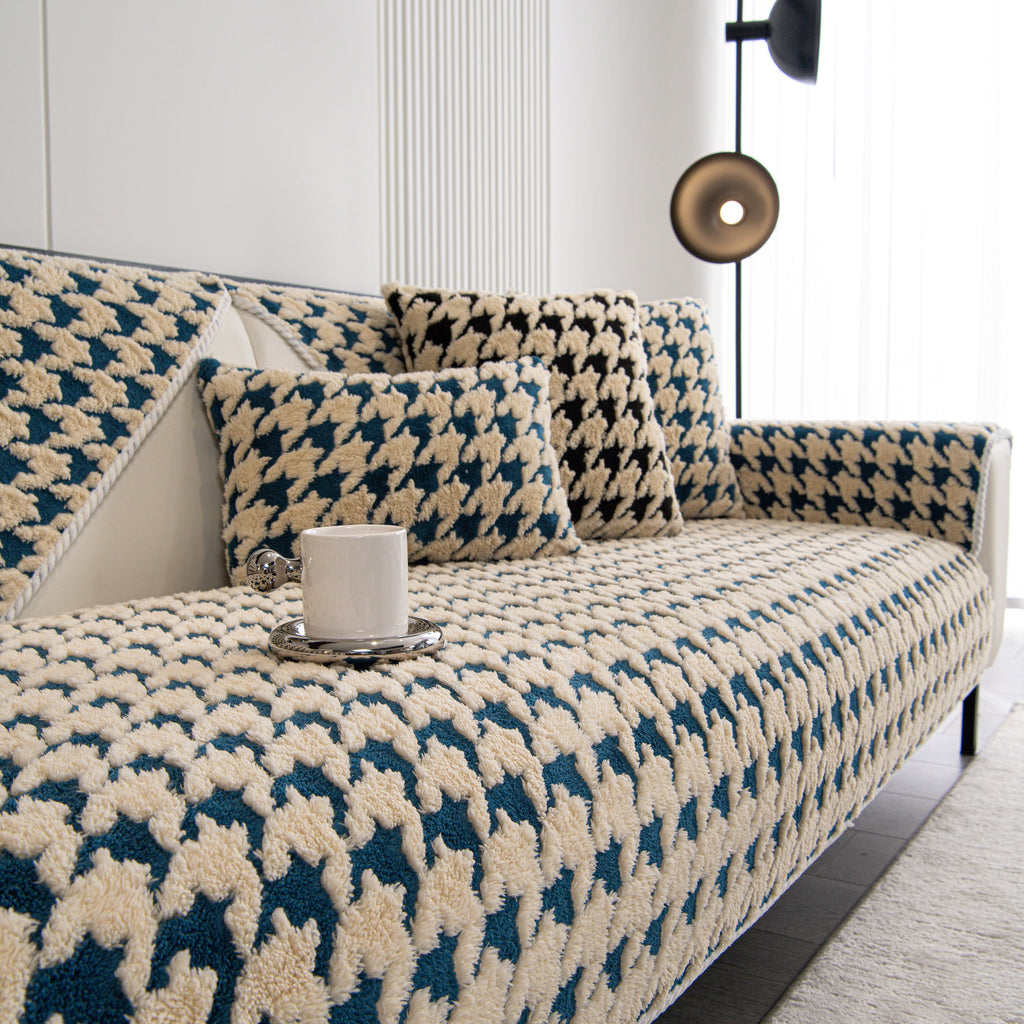 Winter Thickened Sherpa Fleece Houndstooth Sofa Cushion, Non-slip Sofa Cover with Plush