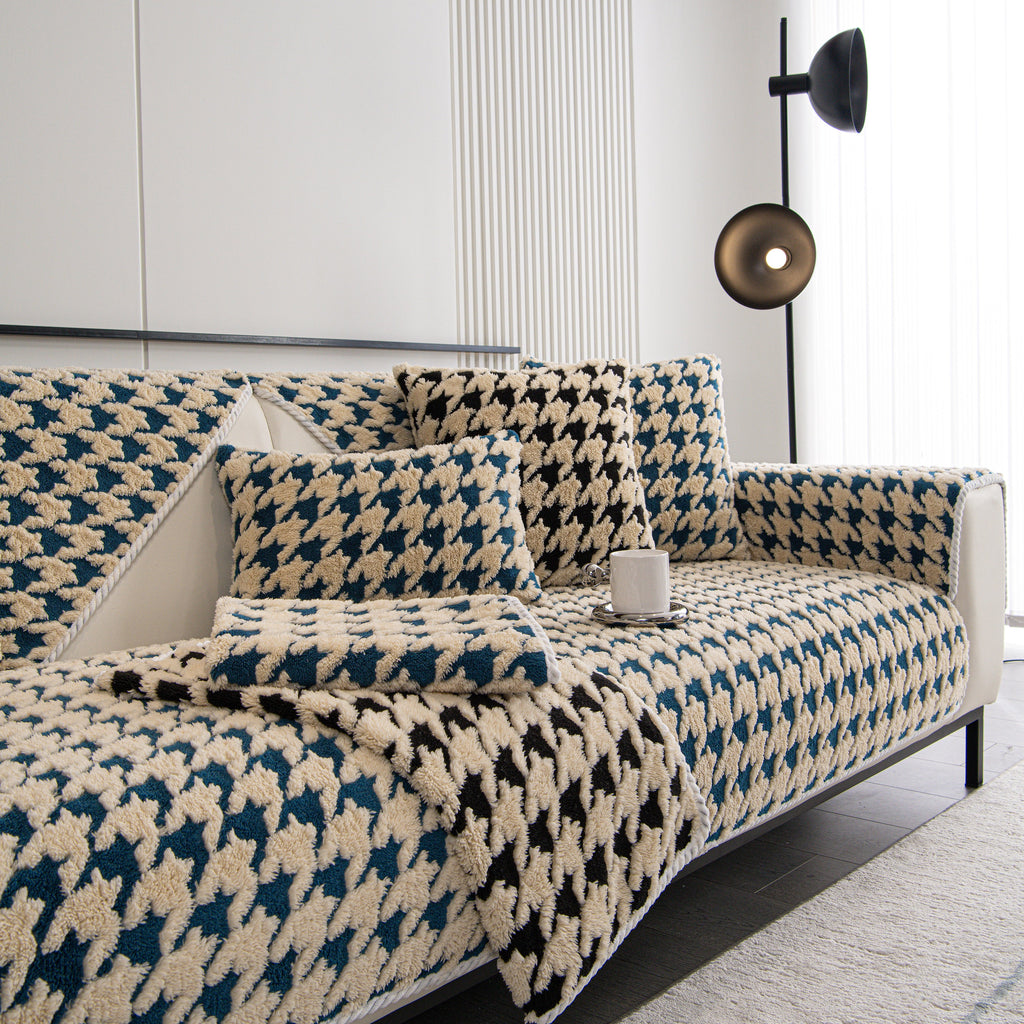 Winter Thickened Sherpa Fleece Houndstooth Sofa Cushion, Non-slip Sofa Cover with Plush