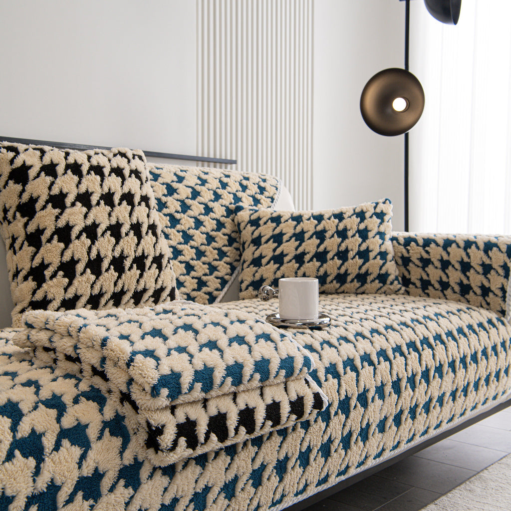 Winter Thickened Sherpa Fleece Houndstooth Sofa Cushion, Non-slip Sofa Cover with Plush