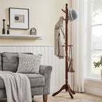 Adjustable Height Solid Wood Coat Rack with 10 Hooks in Dark Brown Finish