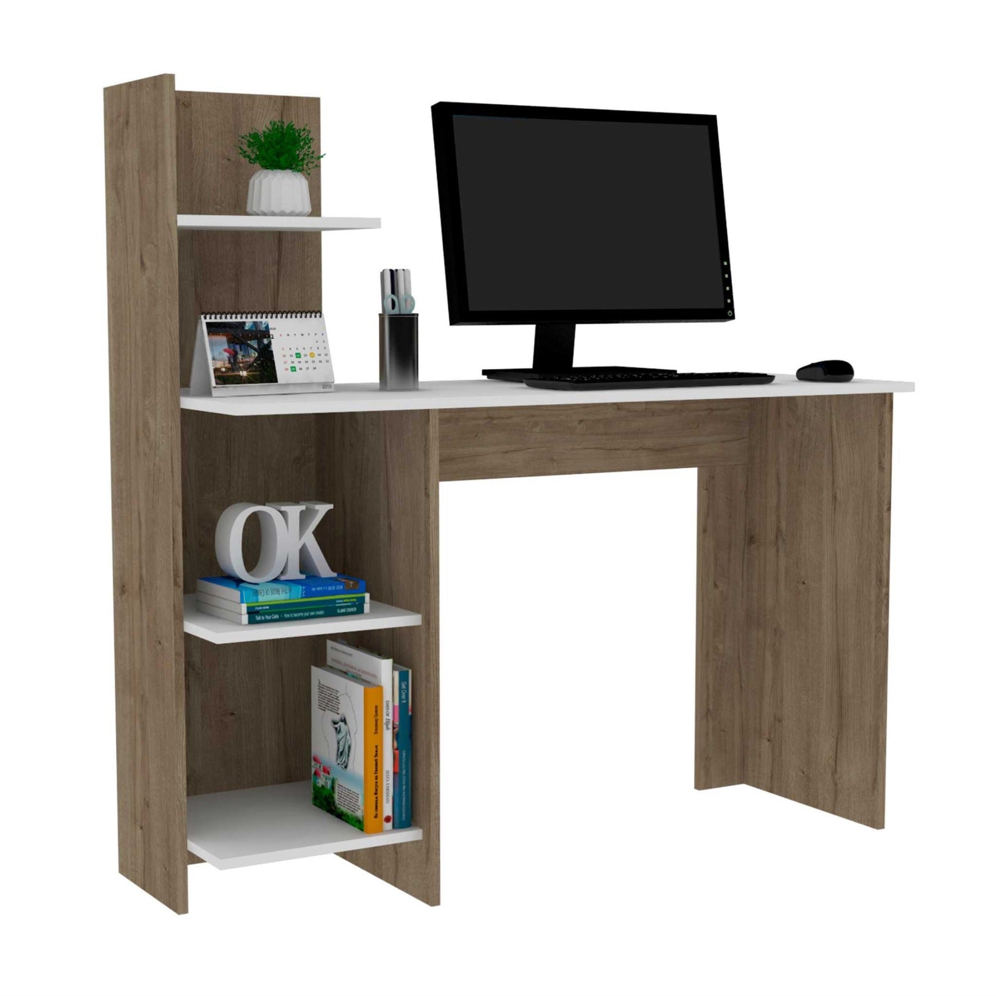 TUHOME Vilna 120 Desk , Four Shelves, Countertop Desk, White/Light Oak, For Office
