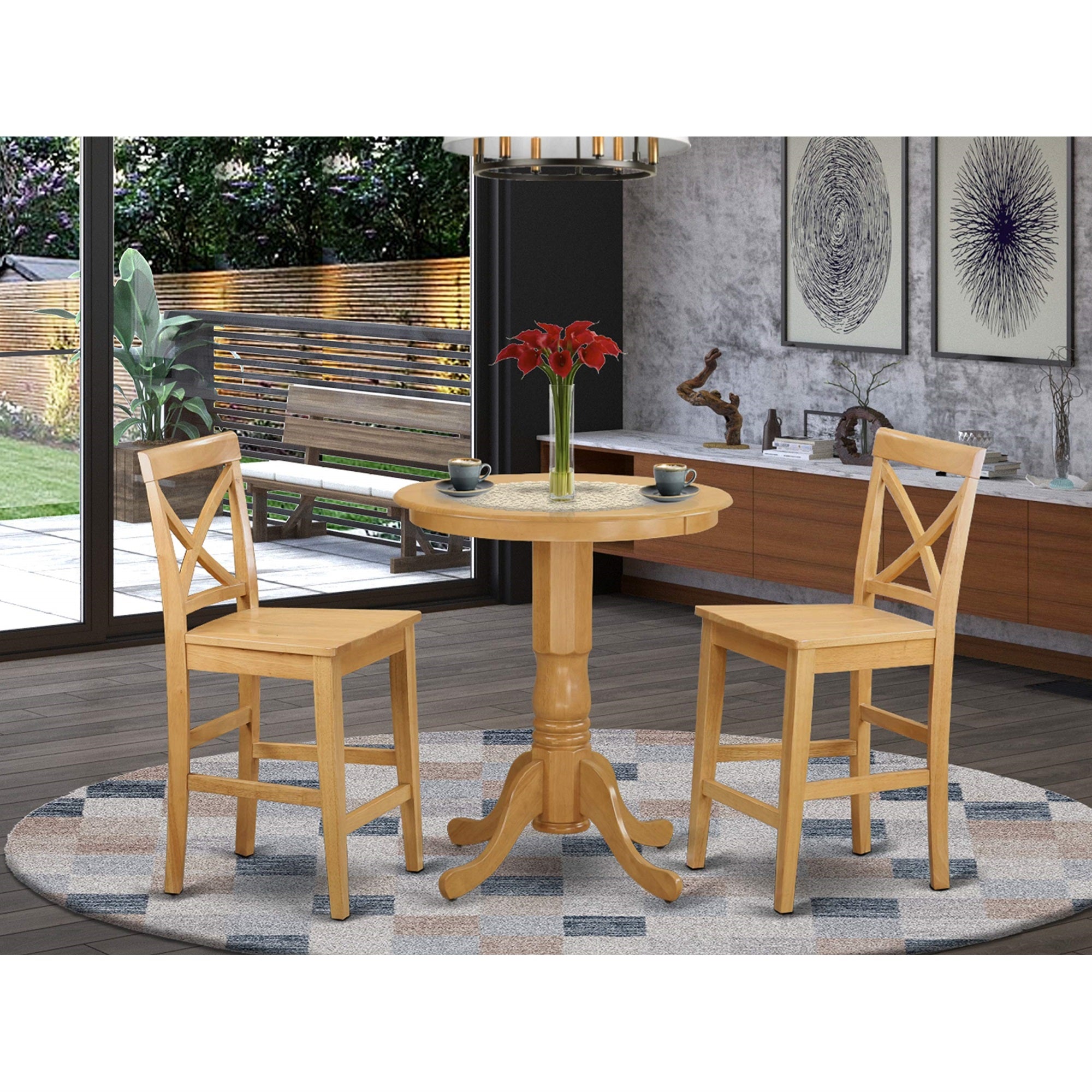East West Furniture EDPB3-OAK-W 3 Piece Counter Height Dining Table Set Contains a Round Wooden Table with Pedestal and 2 Kitchen Dining Chairs, 30x30 Inch, Oak