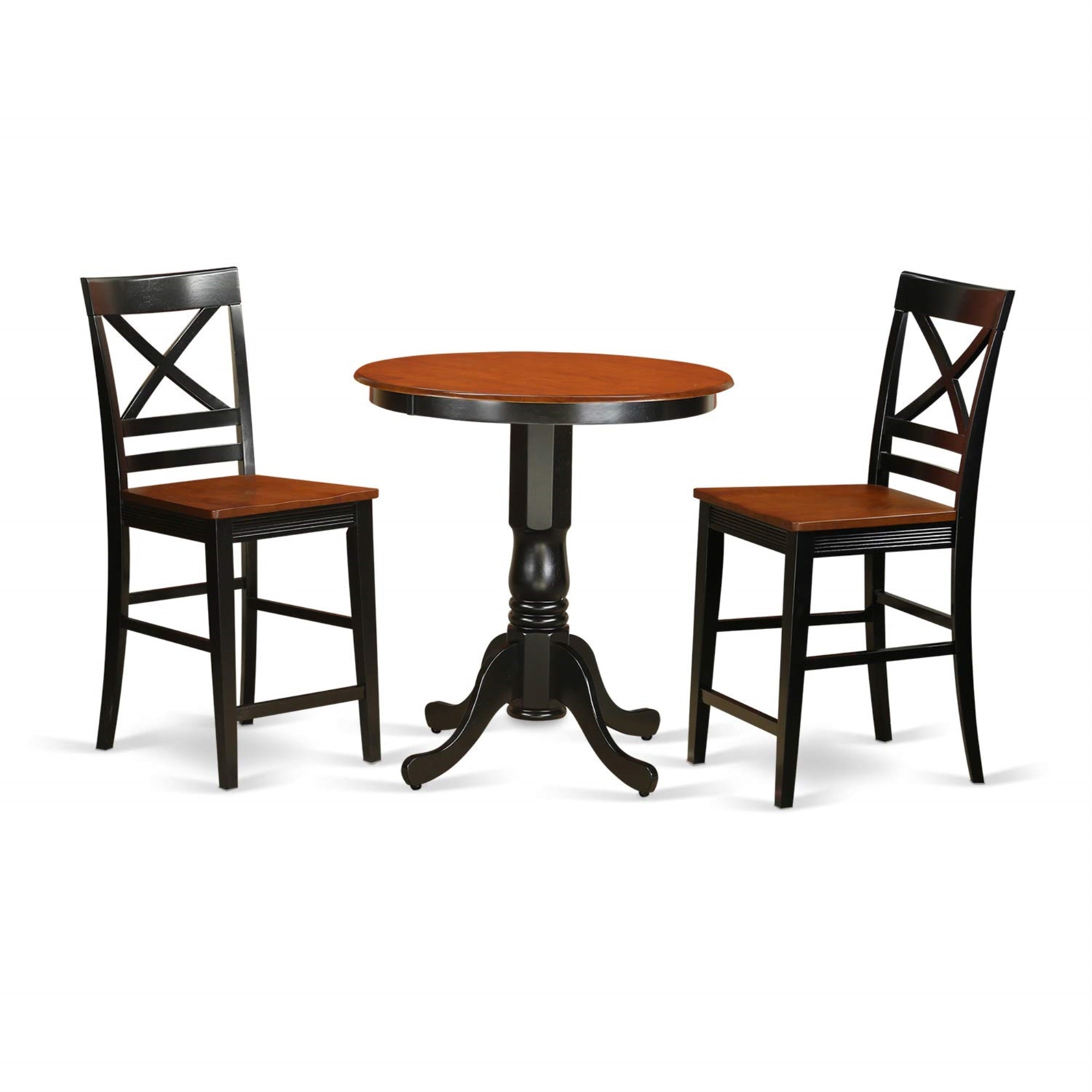 East West Furniture EDQU3-BLK-W 3 Piece Kitchen Counter Height Dining Table Set Contains a Round Wooden Table with Pedestal and 2 Dining Chairs, 30x30 Inch, Black & Cherry