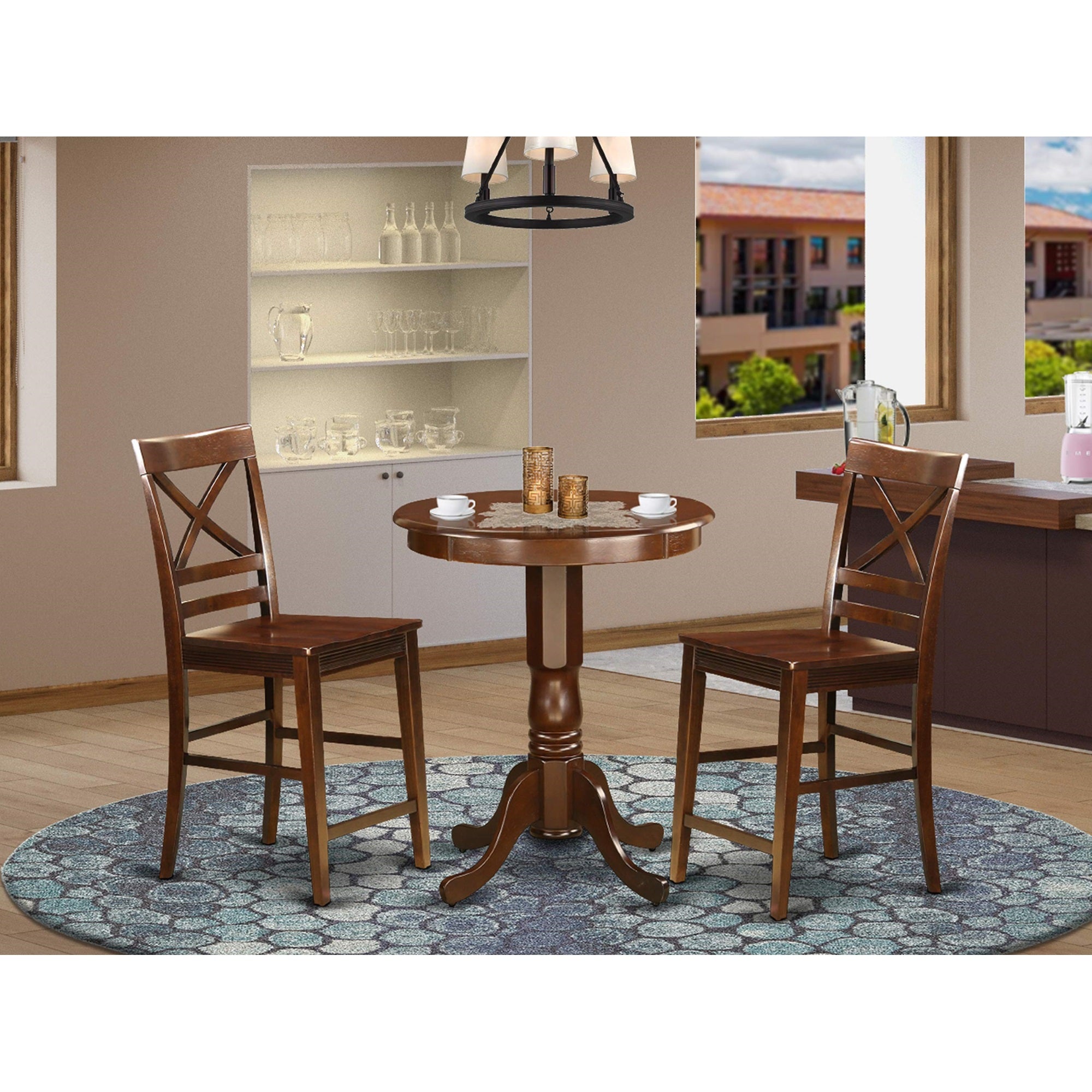 East West Furniture EDQU3-MAH-W 3 Piece Counter Height Dining Set for Small Spaces Contains a Round Dining Room Table with Pedestal and 2 Wooden Seat Chairs, 30x30 Inch, Mahogany