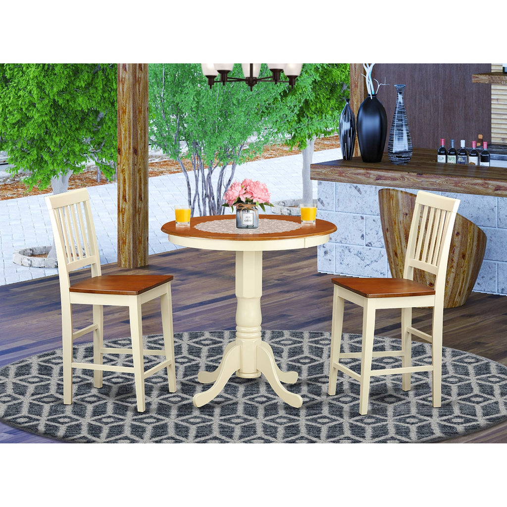 East West Furniture EDVN3-WHI-W 3 Piece Counter Height Dining Table Set Contains a Round Wooden Table with Pedestal and 2 Kitchen Dining Chairs, 30x30 Inch, Buttermilk & Cherry